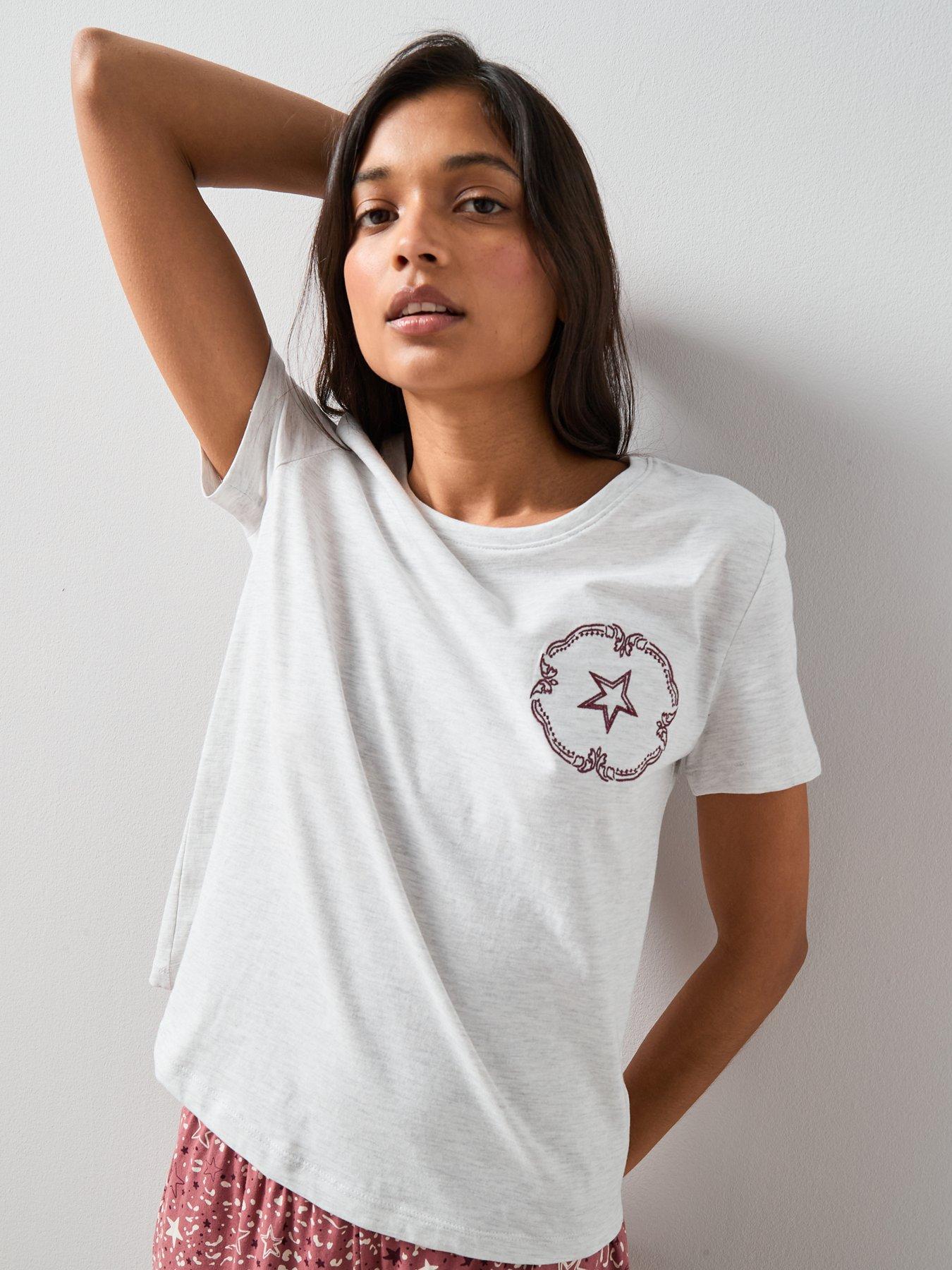  image of the-very-collection-short-sleeve-tshirt-with-star-aop-wide-leg-pj-set-oatmeal