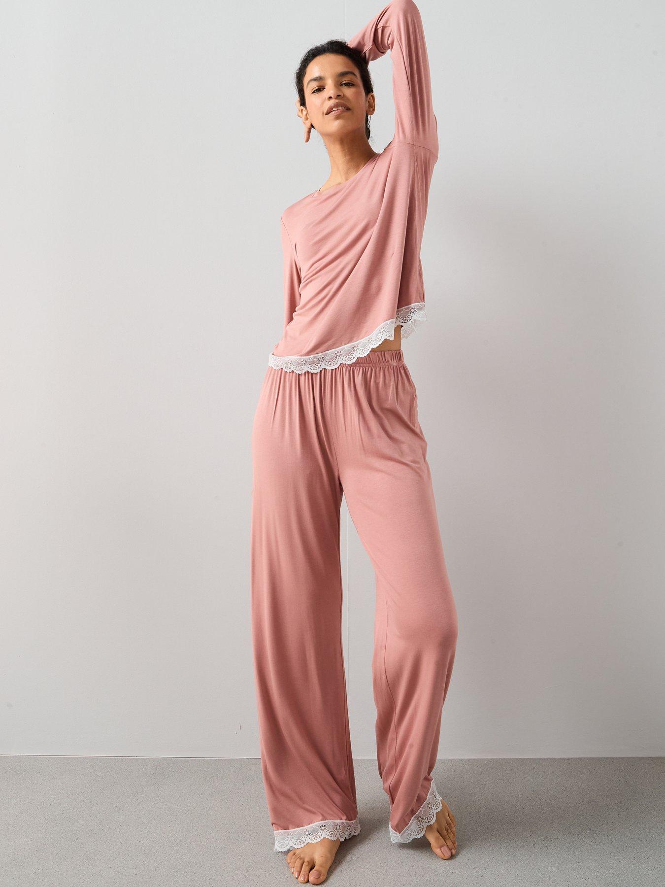 Image 1 of 6 of The Very Collection Lace Trim Long Sleeve And Wide Leg Pyjama Set - Pink