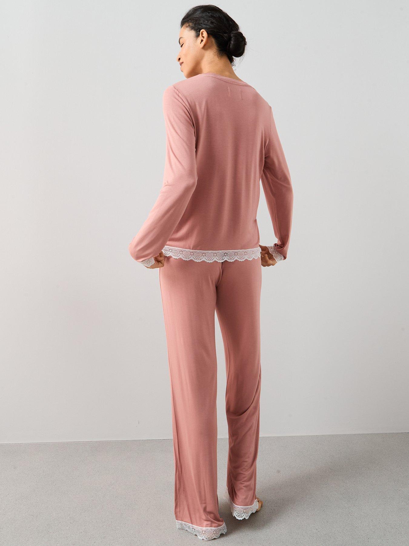 Image 2 of 6 of The Very Collection Lace Trim Long Sleeve And Wide Leg Pyjama Set - Pink