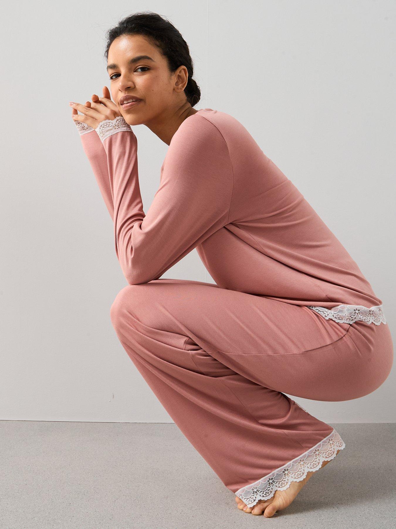 Image 3 of 6 of The Very Collection Lace Trim Long Sleeve And Wide Leg Pyjama Set - Pink