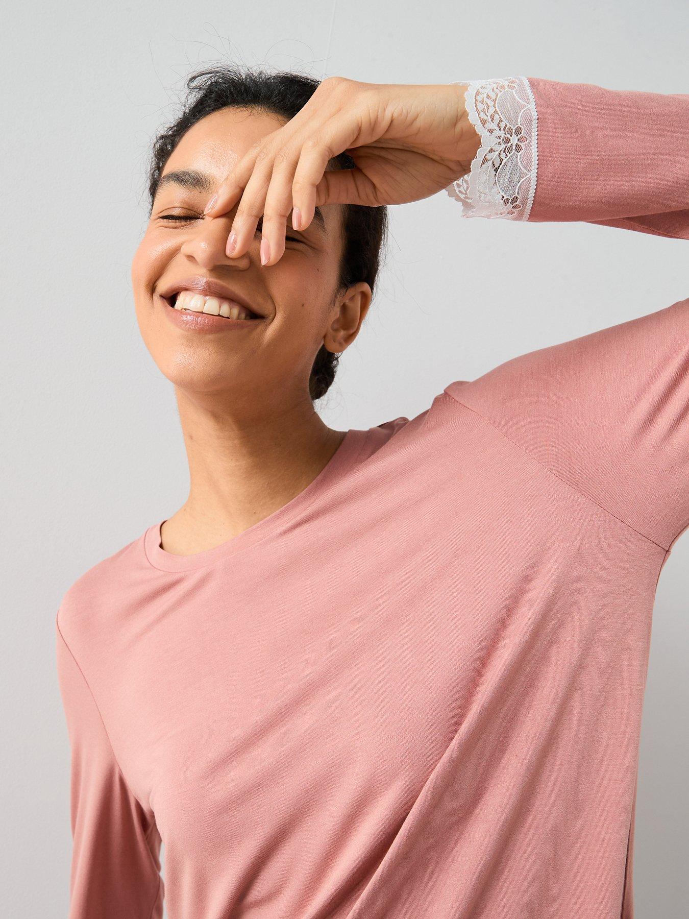Image 4 of 6 of The Very Collection Lace Trim Long Sleeve And Wide Leg Pyjama Set - Pink
