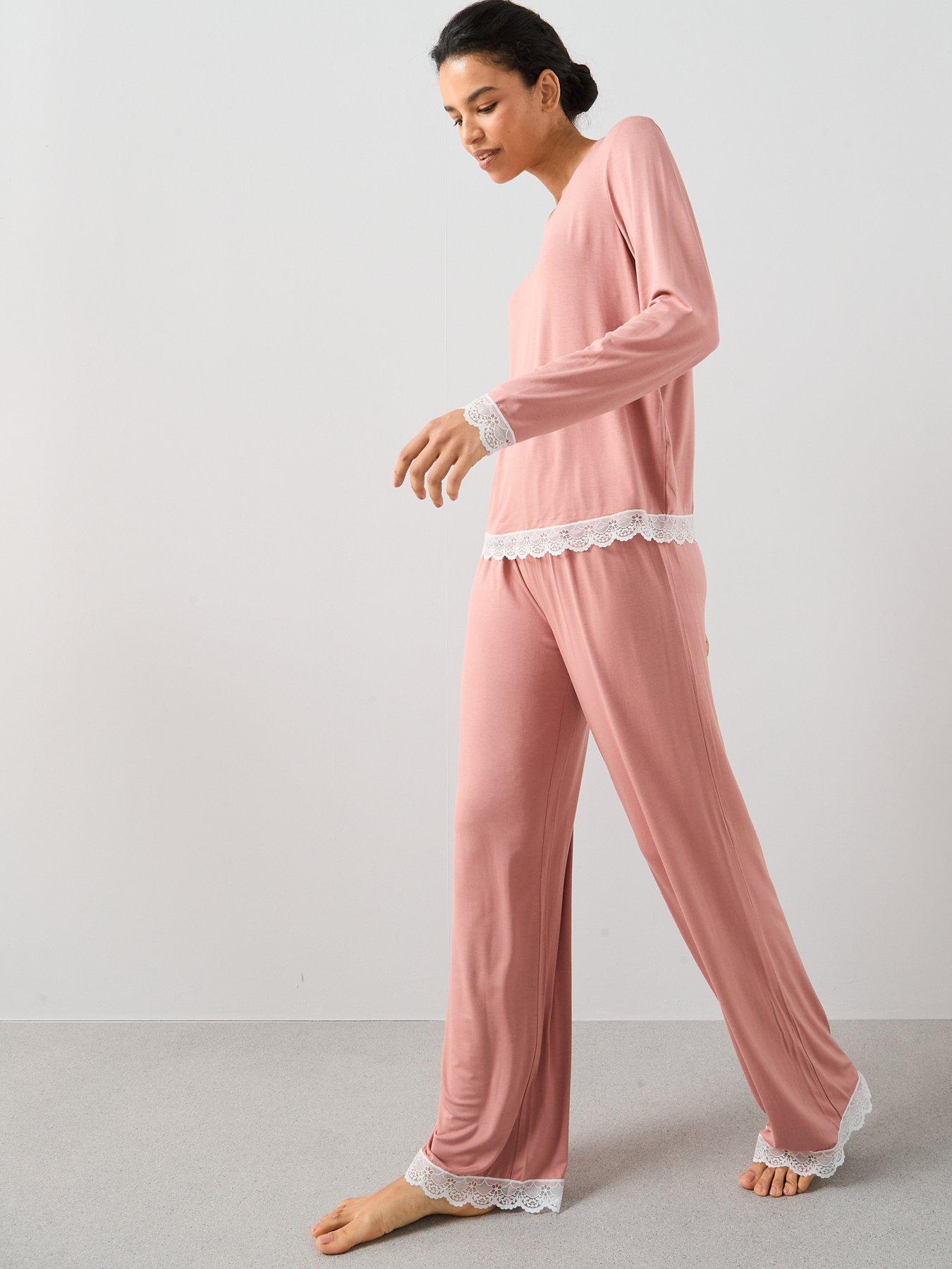 Image 5 of 6 of The Very Collection Lace Trim Long Sleeve And Wide Leg Pyjama Set - Pink