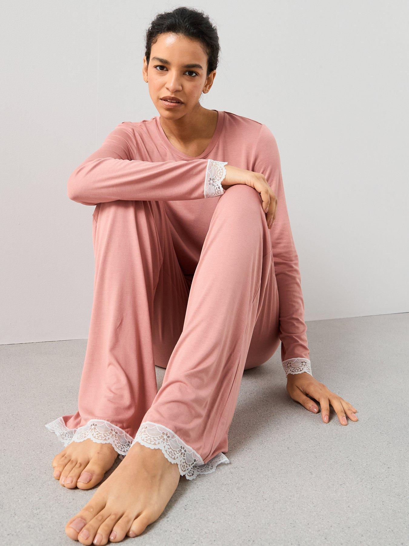 Image 6 of 6 of The Very Collection Lace Trim Long Sleeve And Wide Leg Pyjama Set - Pink