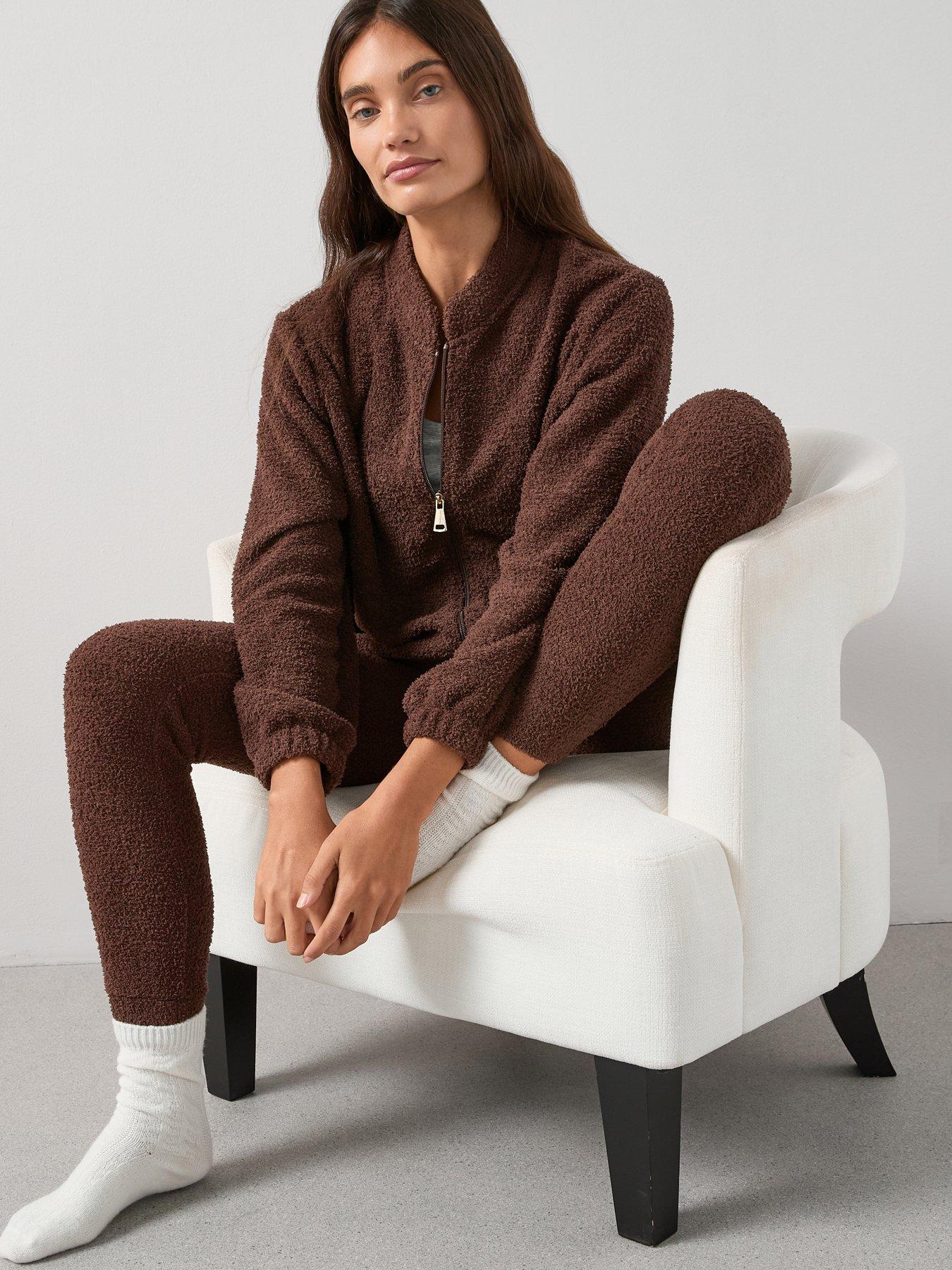 undefined Zip Up Borg Bomber and Jogger Loungewear Set - Brown