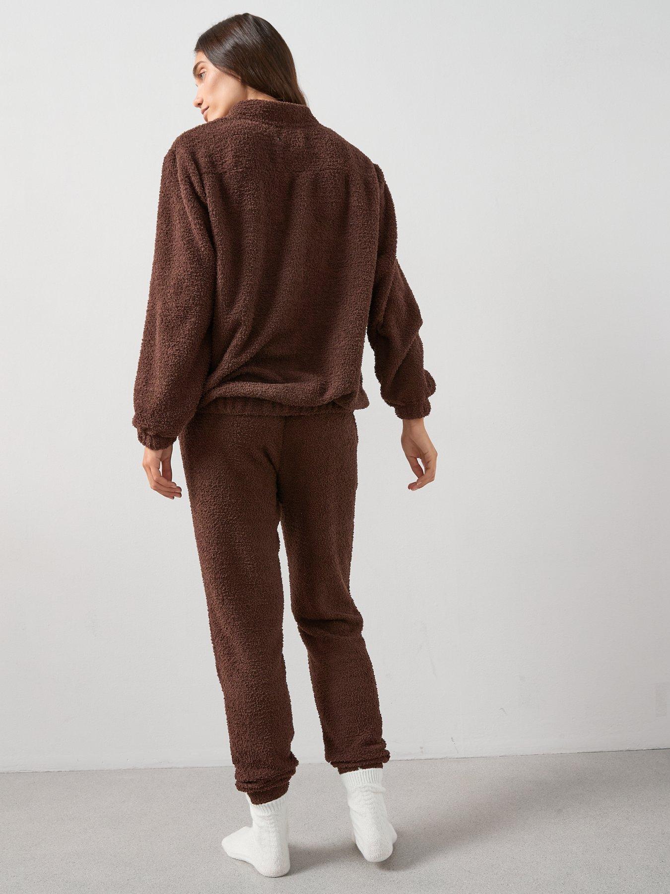 Image 2 of 6 of The Very Collection Zip Up Borg Bomber and Jogger Loungewear Set - Brown