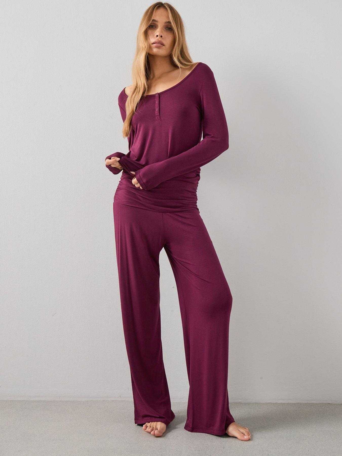 Image 1 of 7 of The Very Collection Ve Henley Top And Turn Up Waistband Wide Leg Pj Set - Purple