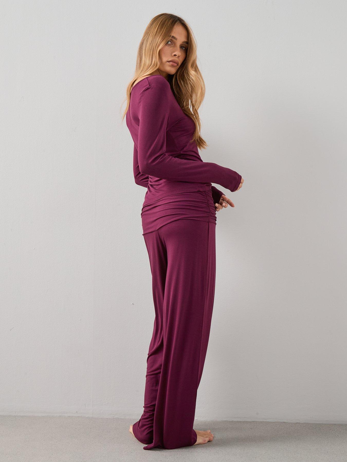 Image 2 of 7 of The Very Collection Ve Henley Top And Turn Up Waistband Wide Leg Pj Set - Purple