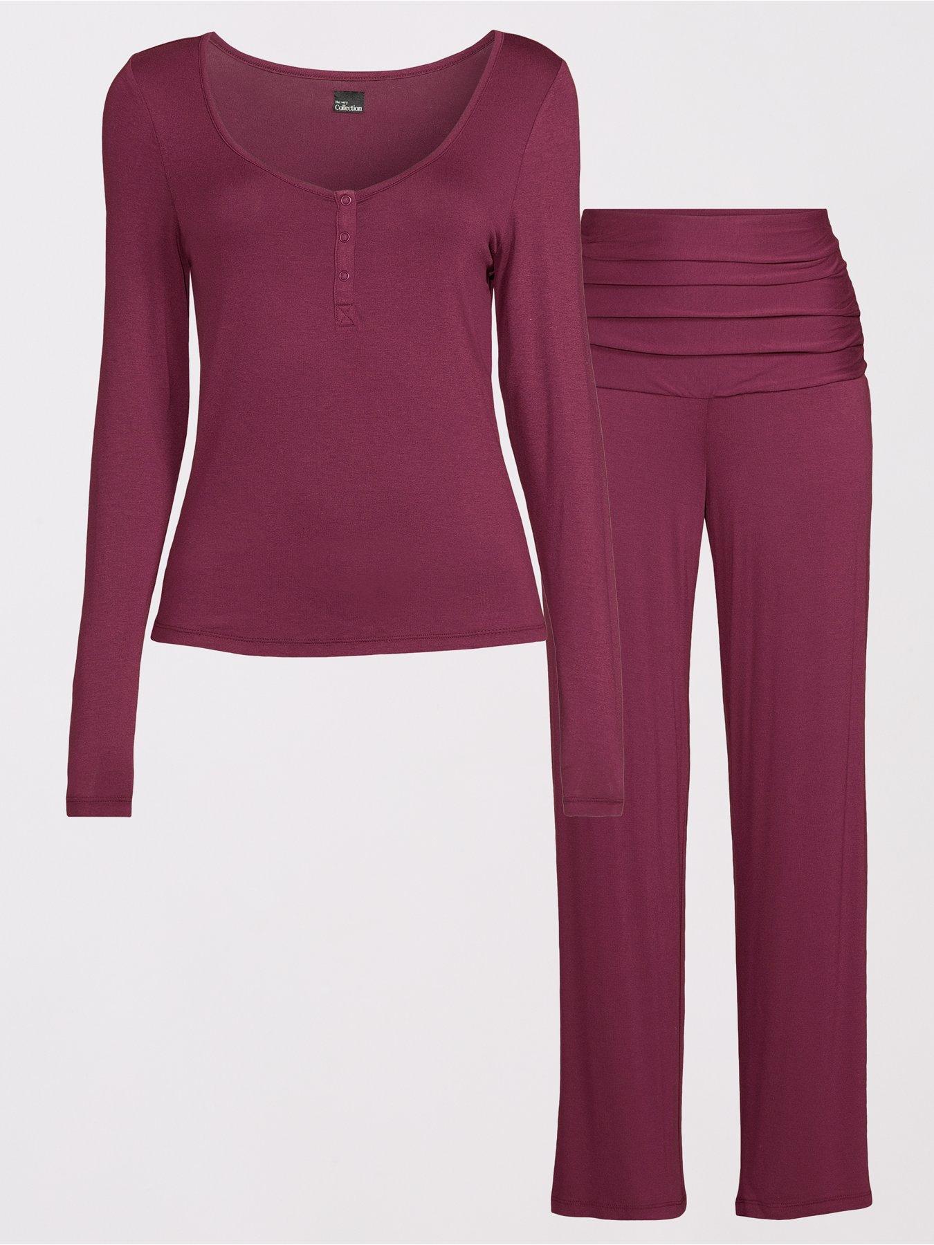Image 7 of 7 of The Very Collection Ve Henley Top And Turn Up Waistband Wide Leg Pj Set - Purple