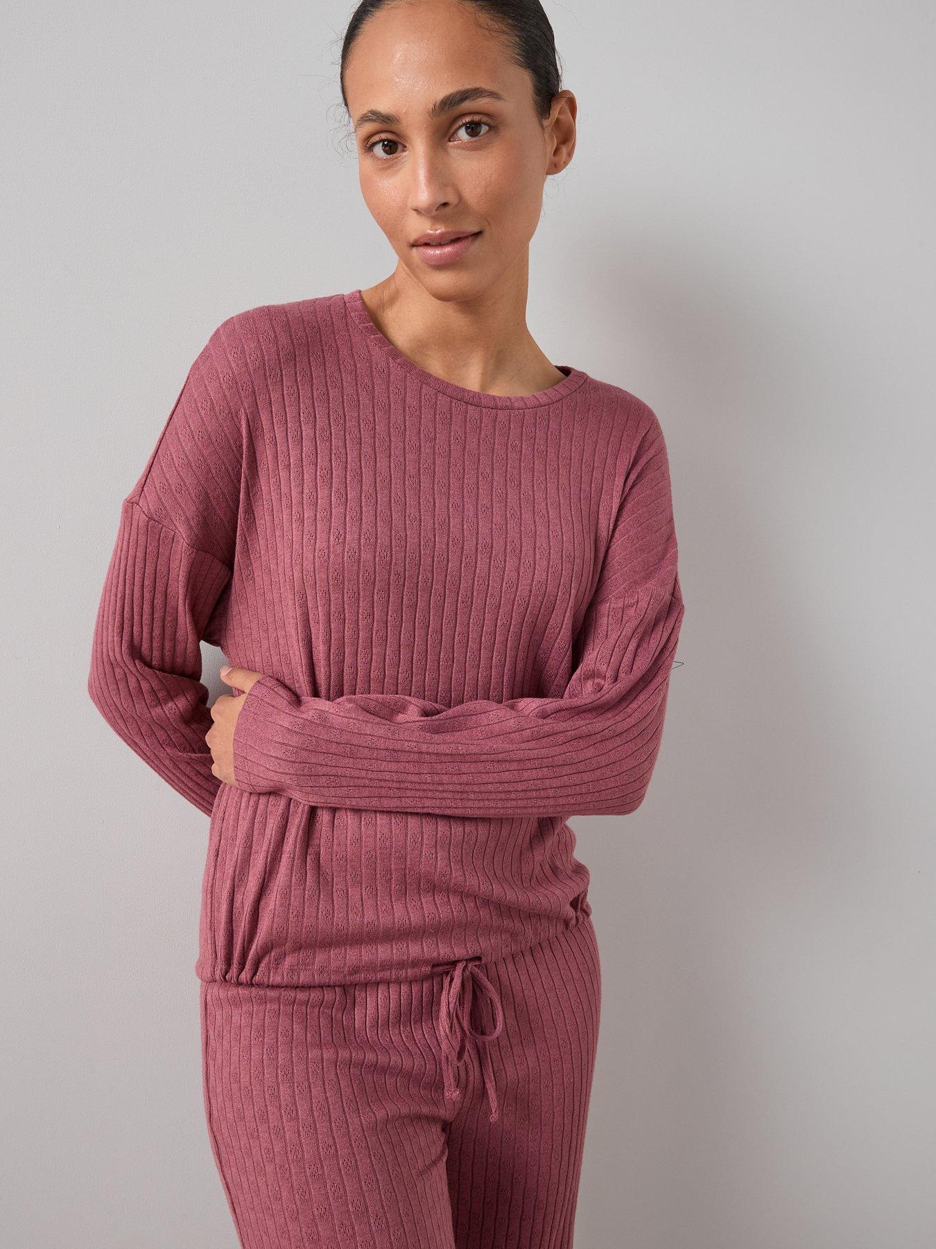 Image 4 of 6 of The Very Collection Pointelle Tie Front Ls Op And Wide Leg Bottom Pj Set - Red