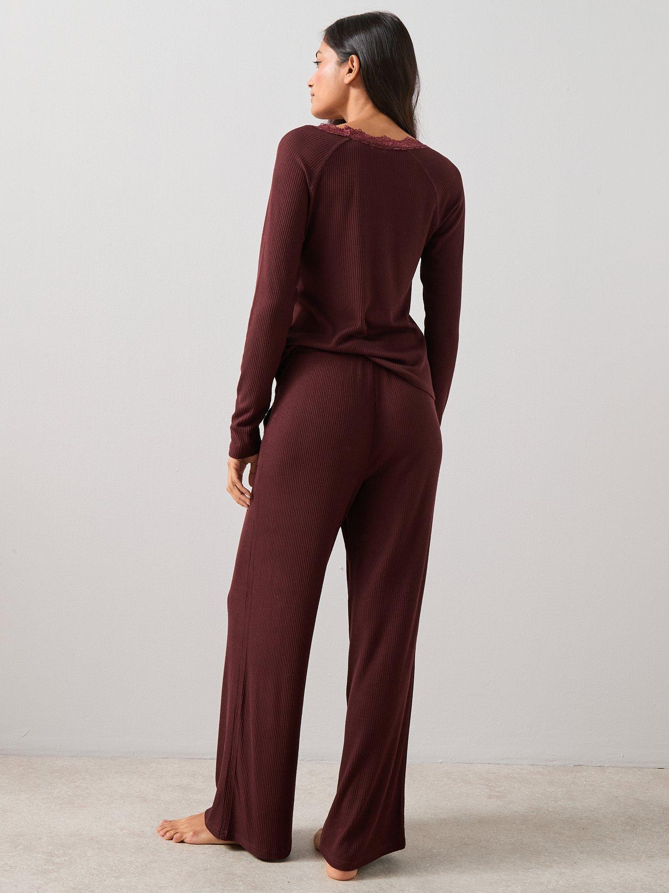 stillFront image of the-very-collection-lace-trim-soft-touch-henley-and-wide-leg-trouser-pj-set-burgundy