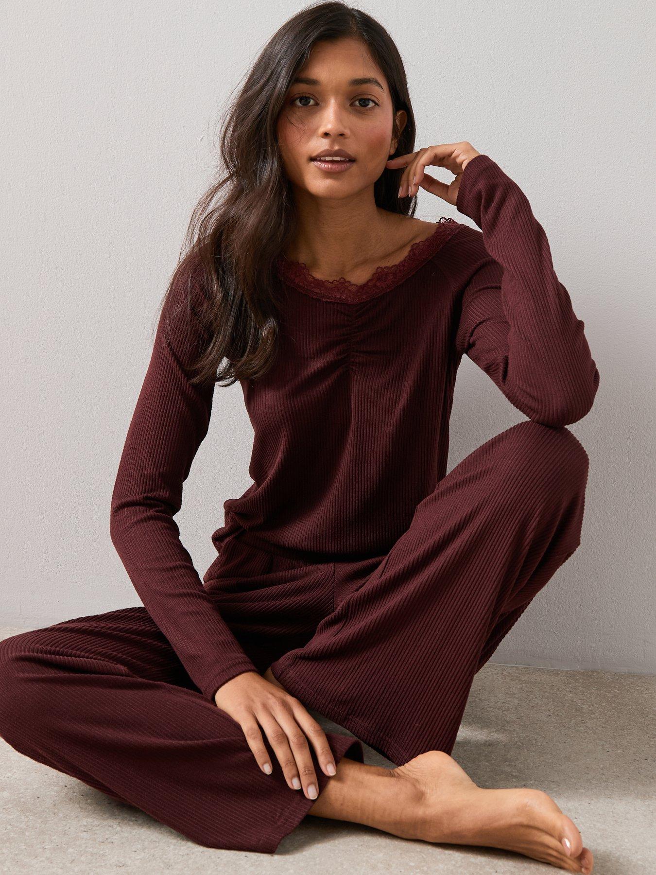  image of the-very-collection-lace-trim-soft-touch-henley-and-wide-leg-trouser-pj-set-burgundy