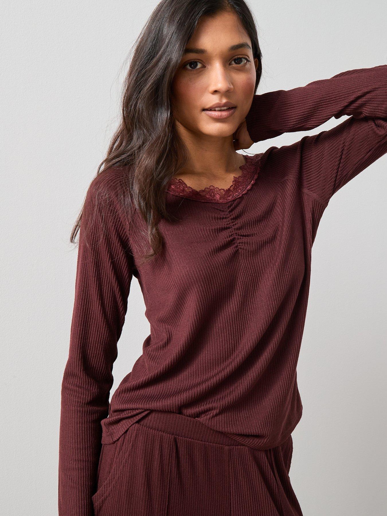  image of the-very-collection-lace-trim-soft-touch-henley-and-wide-leg-trouser-pj-set-burgundy