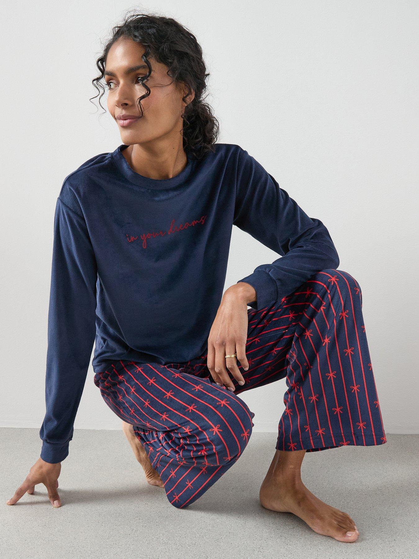 Image 1 of 6 of The Very Collection Flock Placement Baby Fleece Top And Ribbon Print Wide Leg Pj Set - Navy