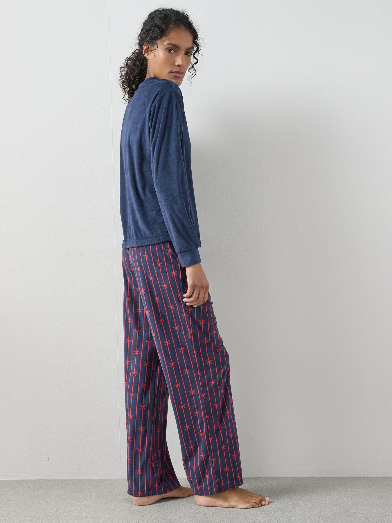 Image 2 of 6 of The Very Collection Flock Placement Baby Fleece Top And Ribbon Print Wide Leg Pj Set - Navy