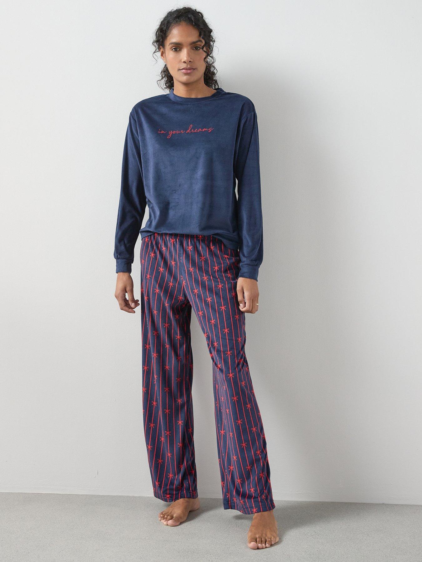 Image 3 of 6 of The Very Collection Flock Placement Baby Fleece Top And Ribbon Print Wide Leg Pj Set - Navy
