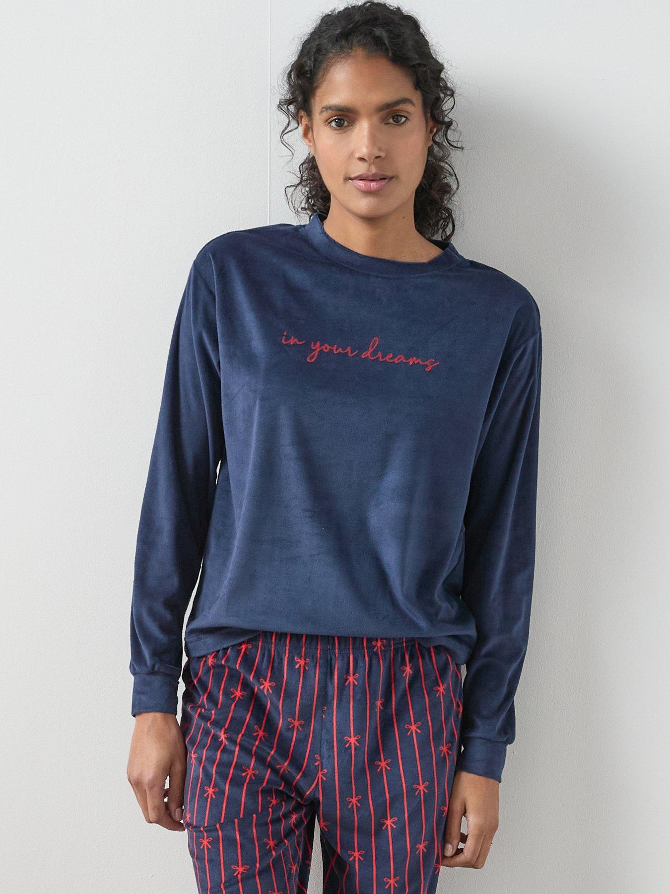 Image 4 of 6 of The Very Collection Flock Placement Baby Fleece Top And Ribbon Print Wide Leg Pj Set - Navy