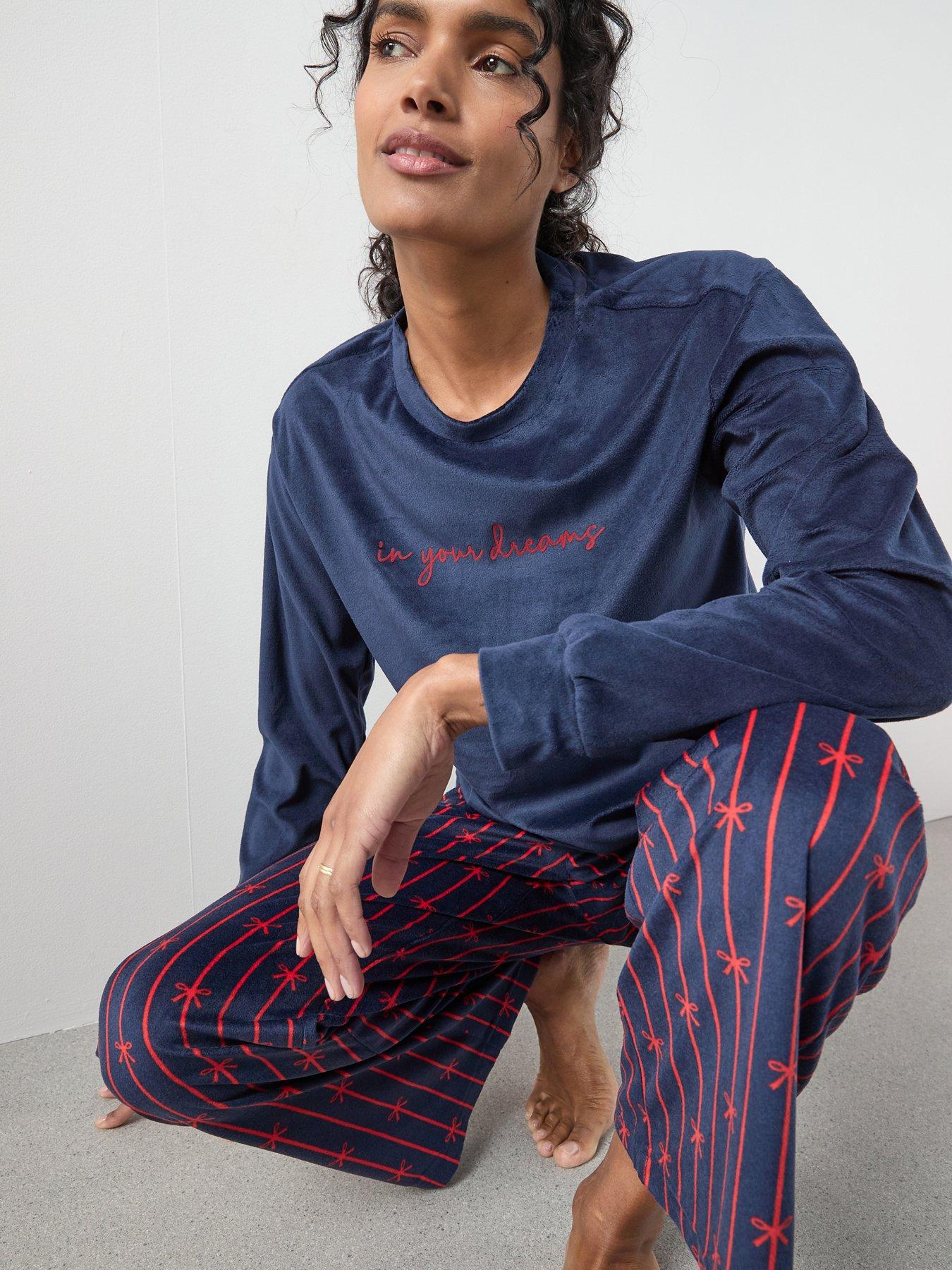 Image 6 of 6 of The Very Collection Flock Placement Baby Fleece Top And Ribbon Print Wide Leg Pj Set - Navy