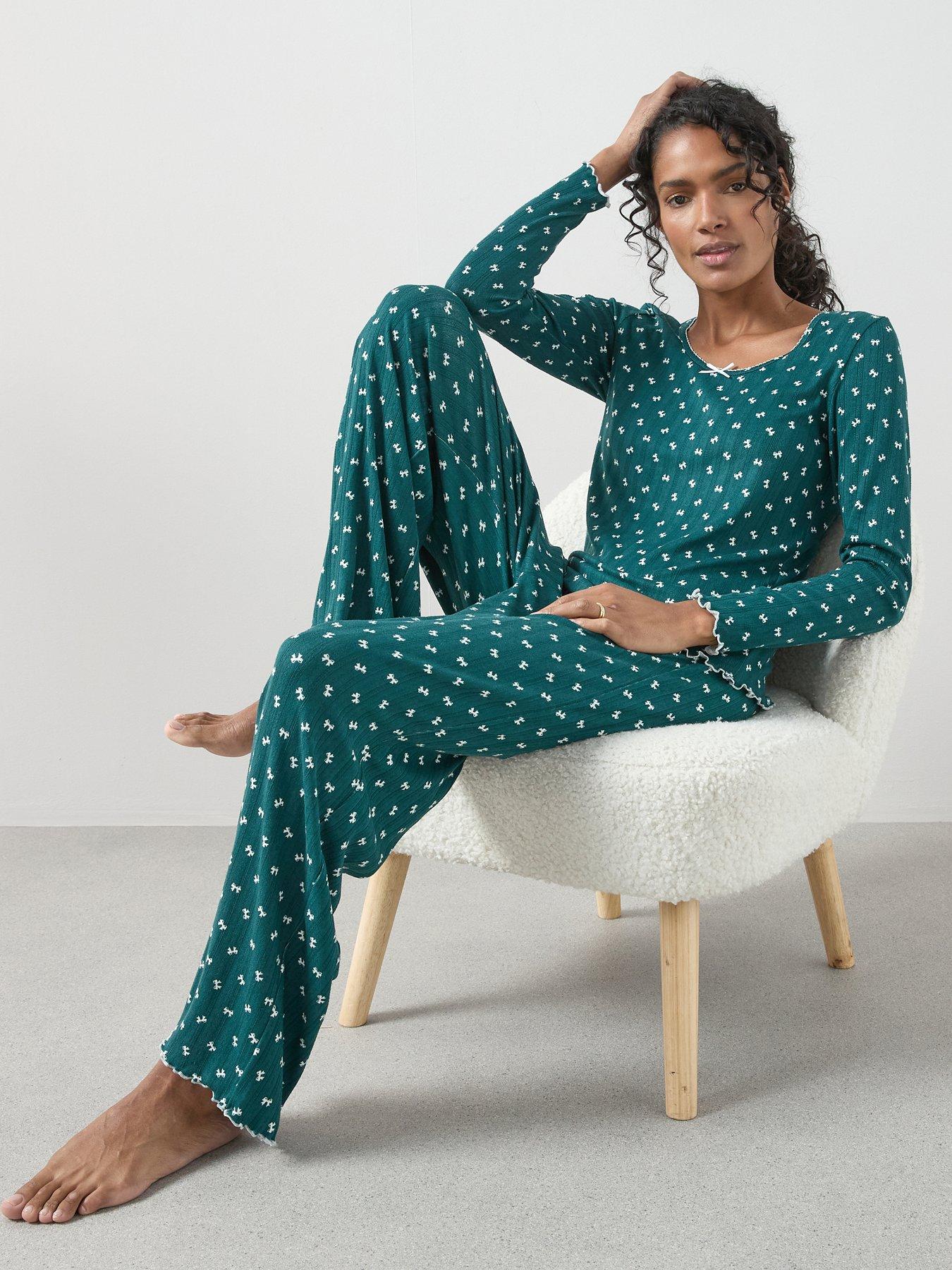 the-very-collection-soft-touch-pointelle-ribbon-print-henley-and-wide-leg-pj-set-green
