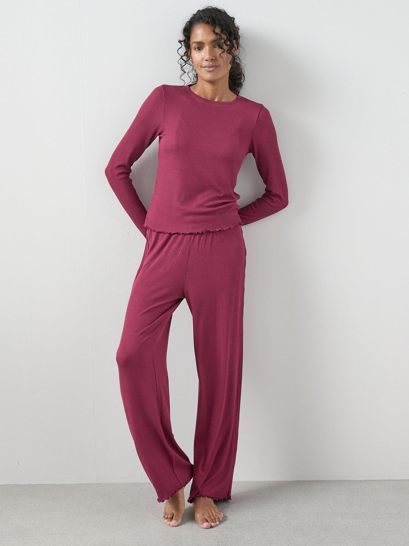 The Very Collection Lettuce Hem Ribbed Long Sleeve Top And Wide Leg Trouser Pyjama Set - Burgundy