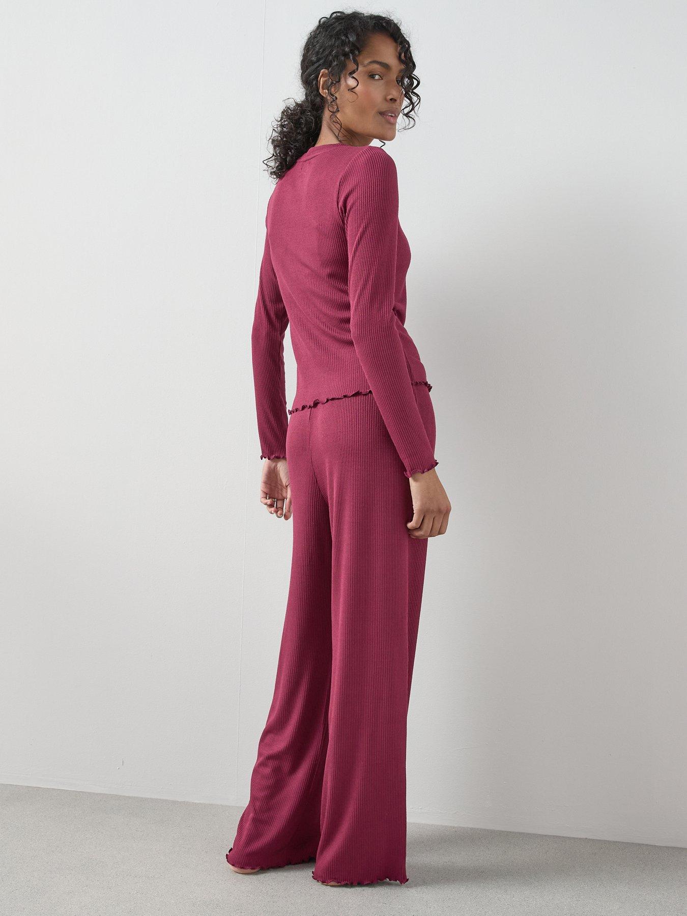  image of the-very-collection-lettuce-hem-ribbed-long-sleeve-top-and-wide-leg-trouser-pj-set-red