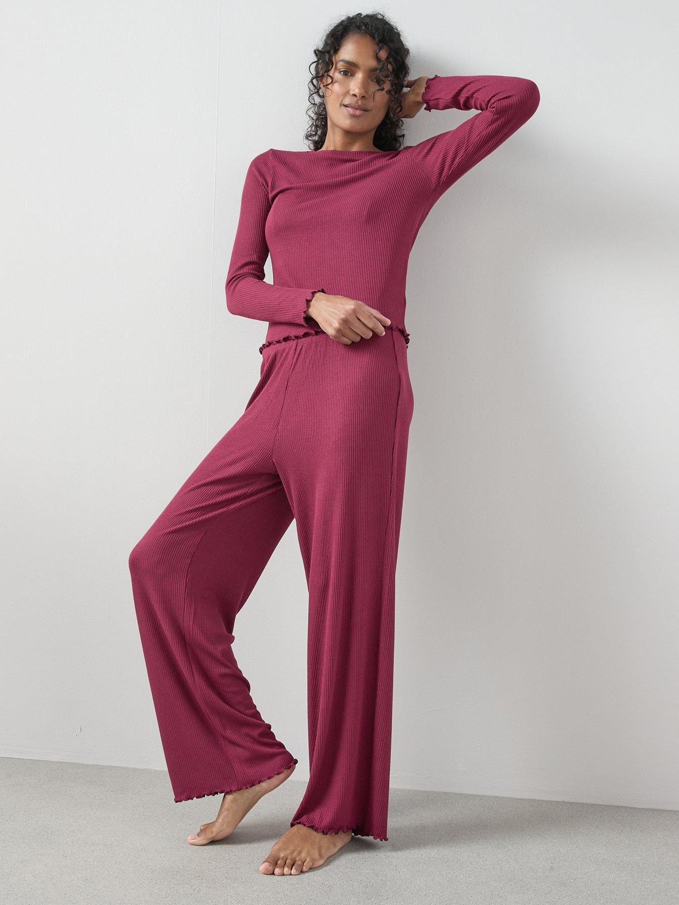  image of the-very-collection-lettuce-hem-ribbed-long-sleeve-top-and-wide-leg-trouser-pj-set-red