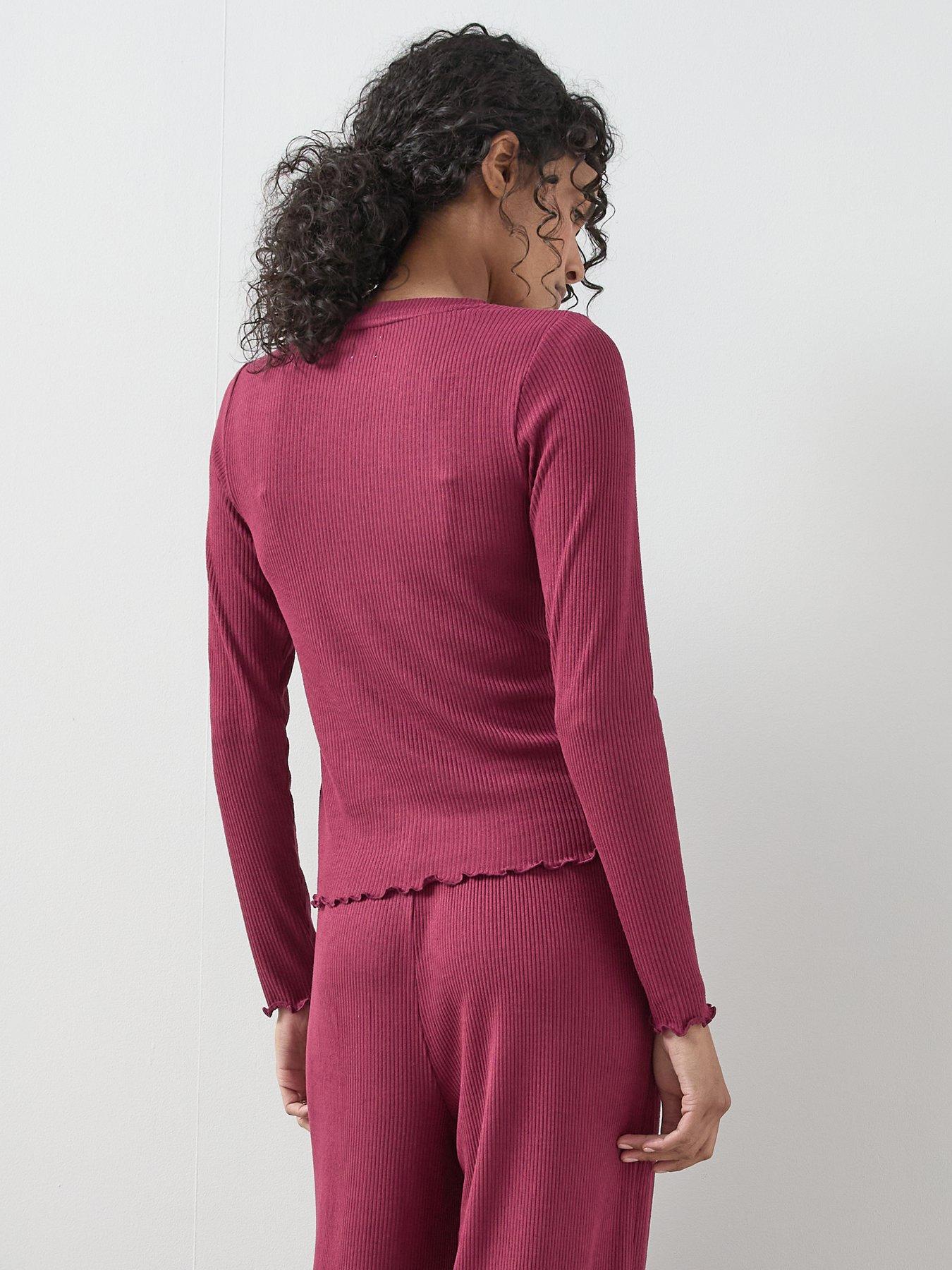  image of the-very-collection-lettuce-hem-ribbed-long-sleeve-top-and-wide-leg-trouser-pj-set-red