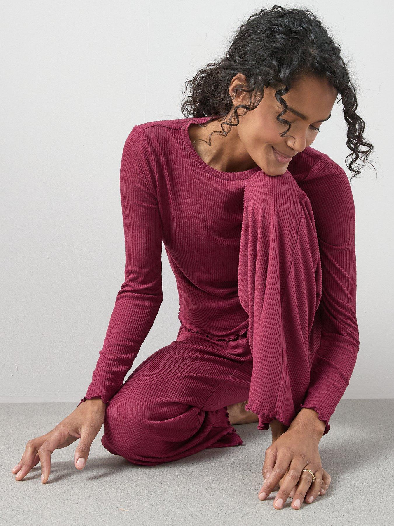  image of the-very-collection-lettuce-hem-ribbed-long-sleeve-top-and-wide-leg-trouser-pj-set-red