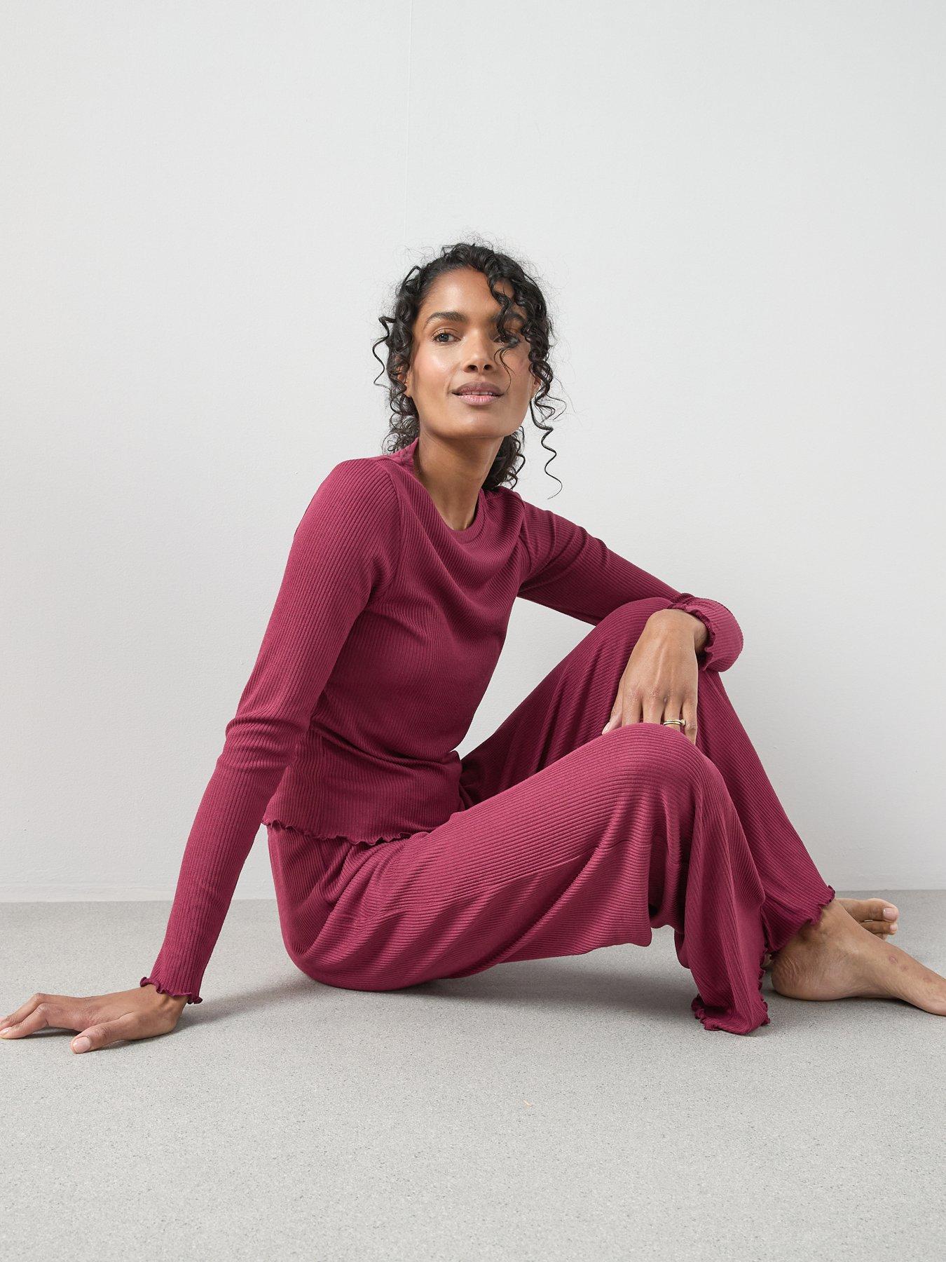  image of the-very-collection-lettuce-hem-ribbed-long-sleeve-top-and-wide-leg-trouser-pj-set-red