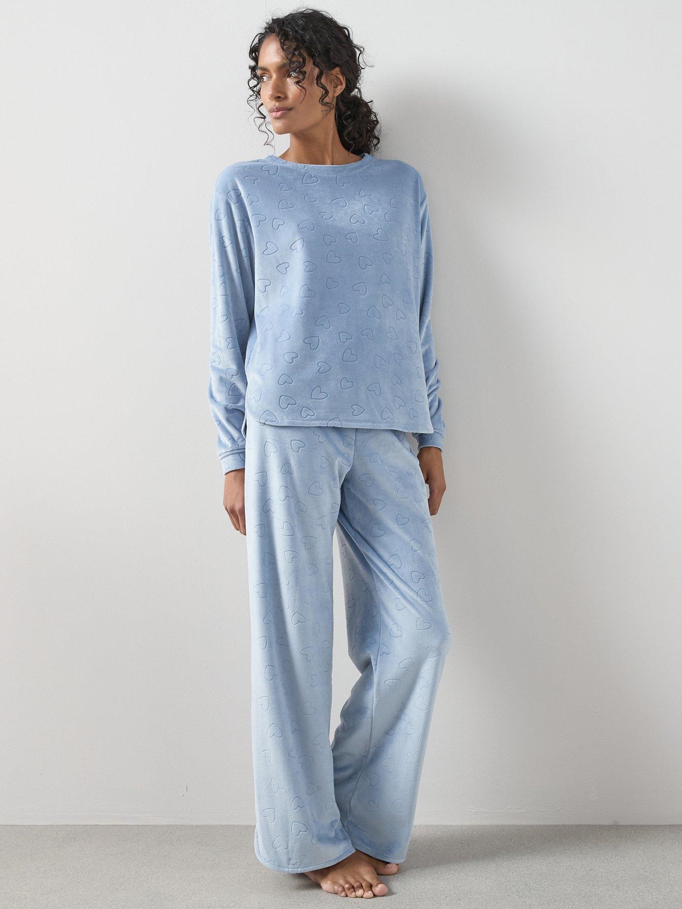 The Very Collection Carved Heart Island Fleece Crew Top And Wide Leg Pj Set - Blue