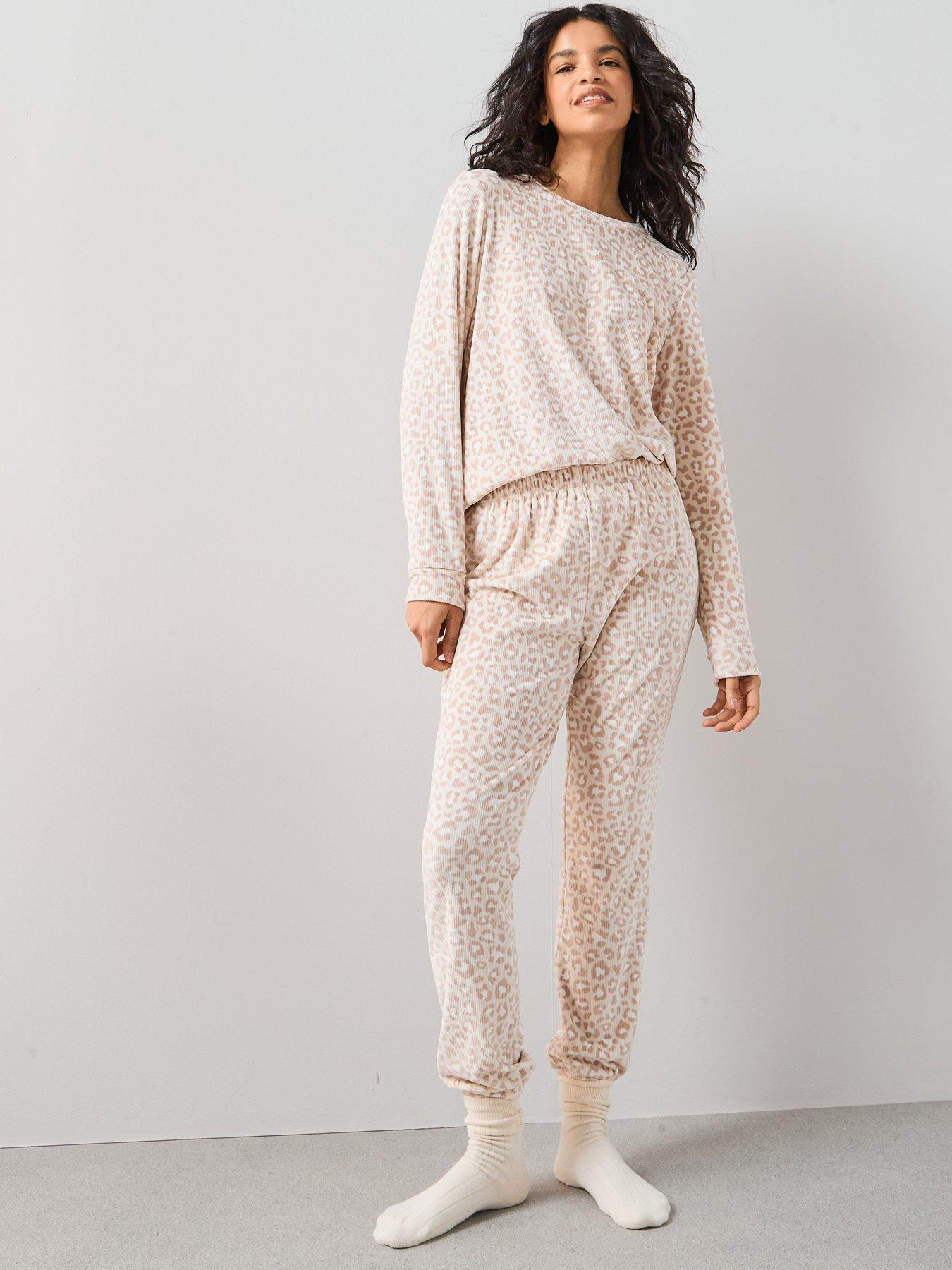 undefined Leopard Print Ribbed Jogger Loungewear Set - Cream