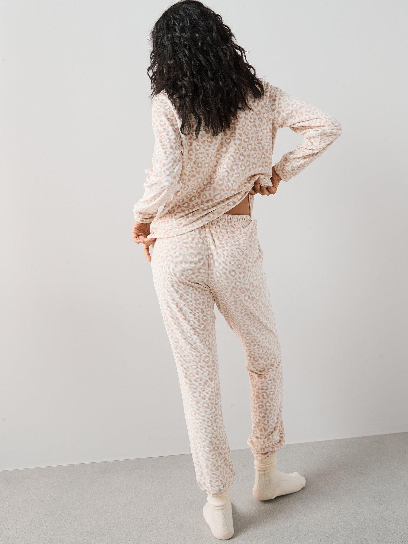 Image 2 of 6 of The Very Collection Leopard Print Ribbed Jogger Loungewear Set - Cream