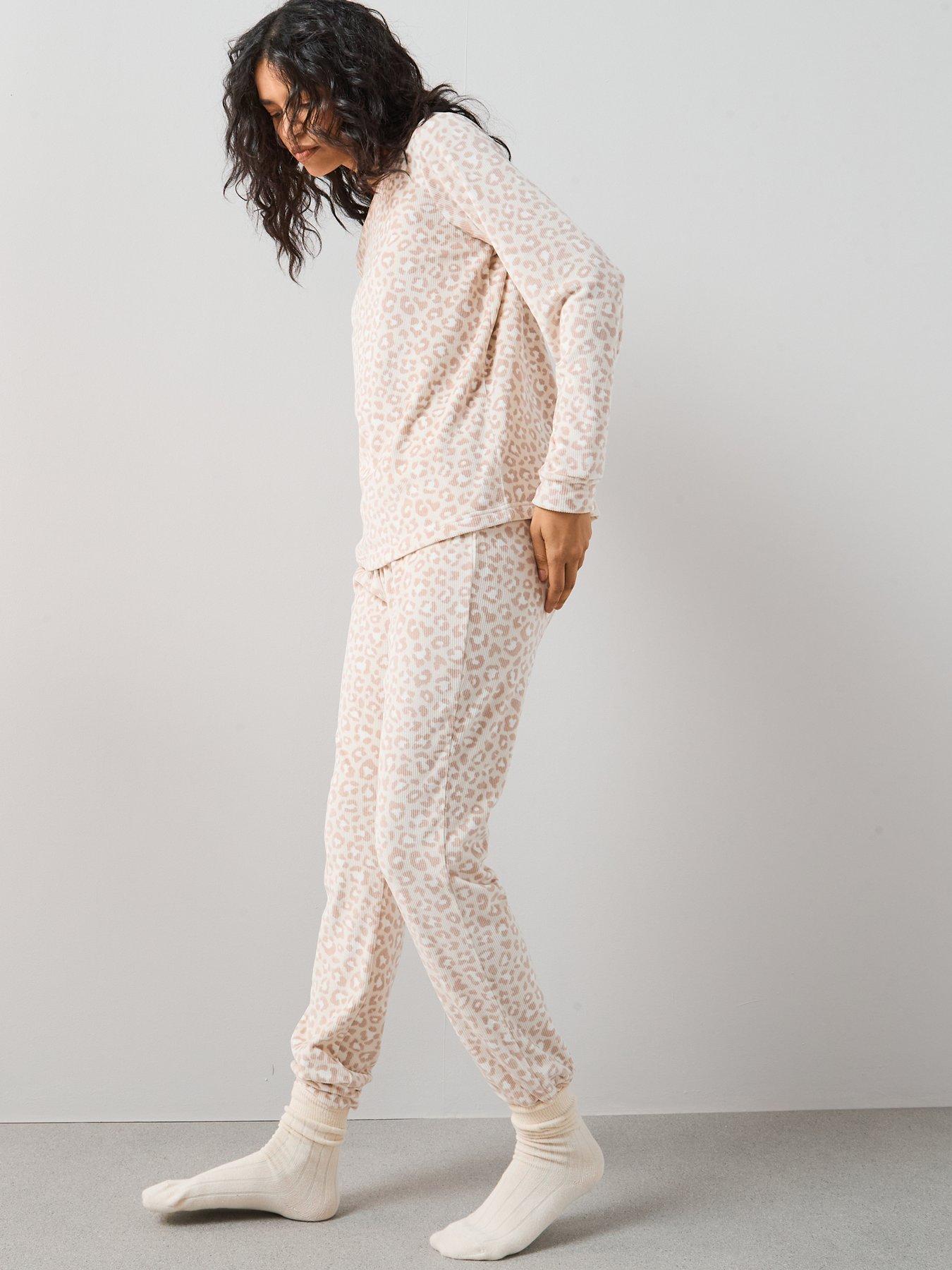 Image 3 of 6 of The Very Collection Leopard Print Ribbed Jogger Loungewear Set - Cream