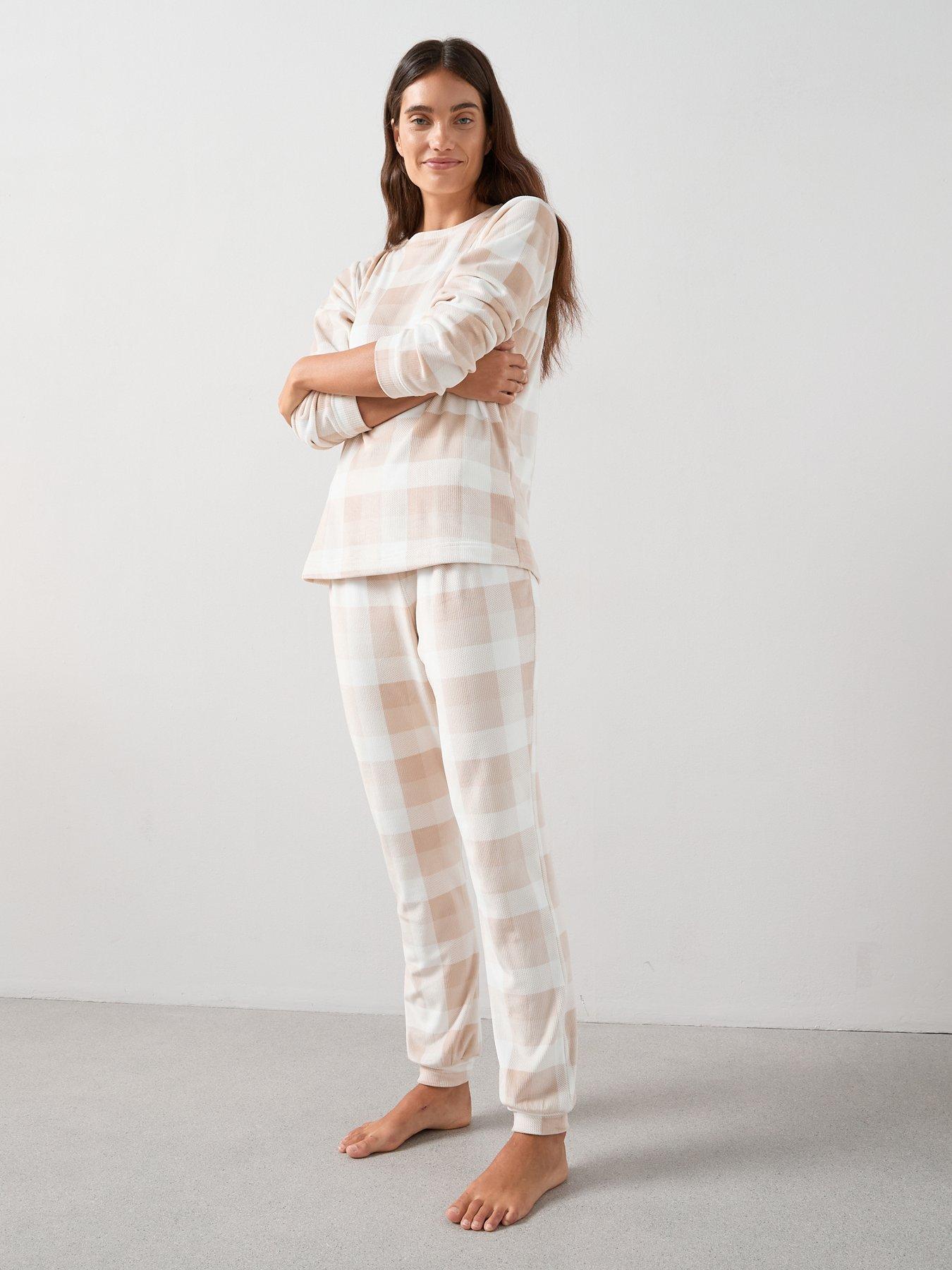 undefined Check Baby Fleece Long Sleeve Top And Jogger Loungewear Set - Beige