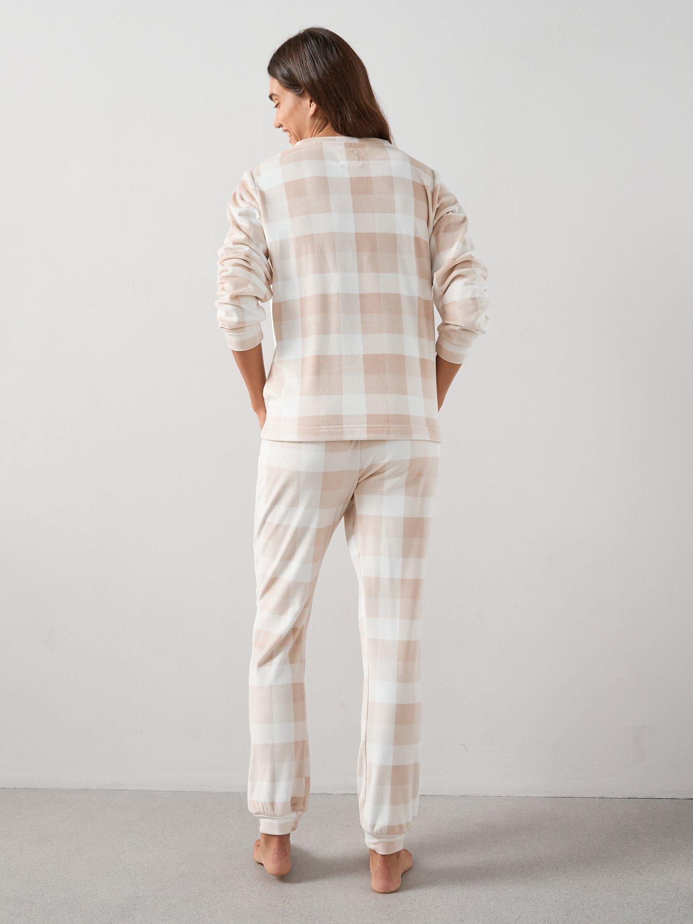 Image 2 of 6 of The Very Collection Check Baby Fleece Long Sleeve Top And Jogger Loungewear Set - Beige