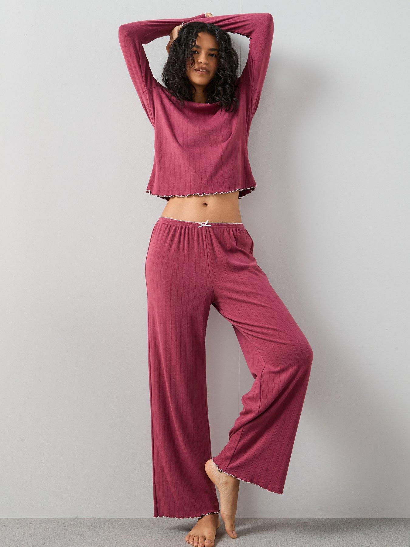 undefined Soft Touch Pointelle Henley and Wide Leg PJ Set - Pink