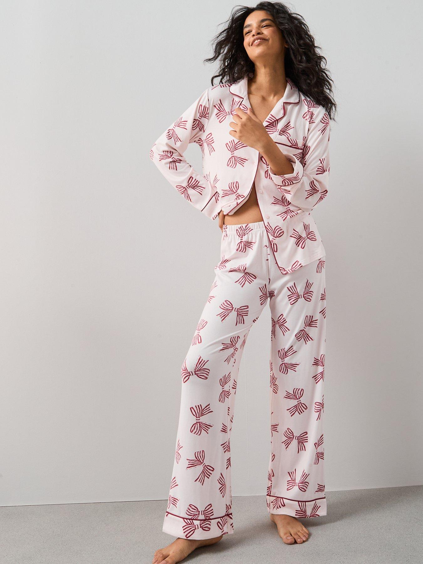 undefined Bow Print Revere Pj Set - Pink