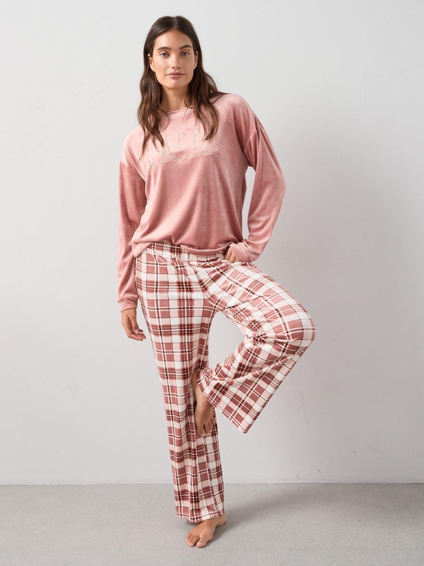 undefined Slogan Sweat and Baby Fleece Check Bottom PJ Set - Pink