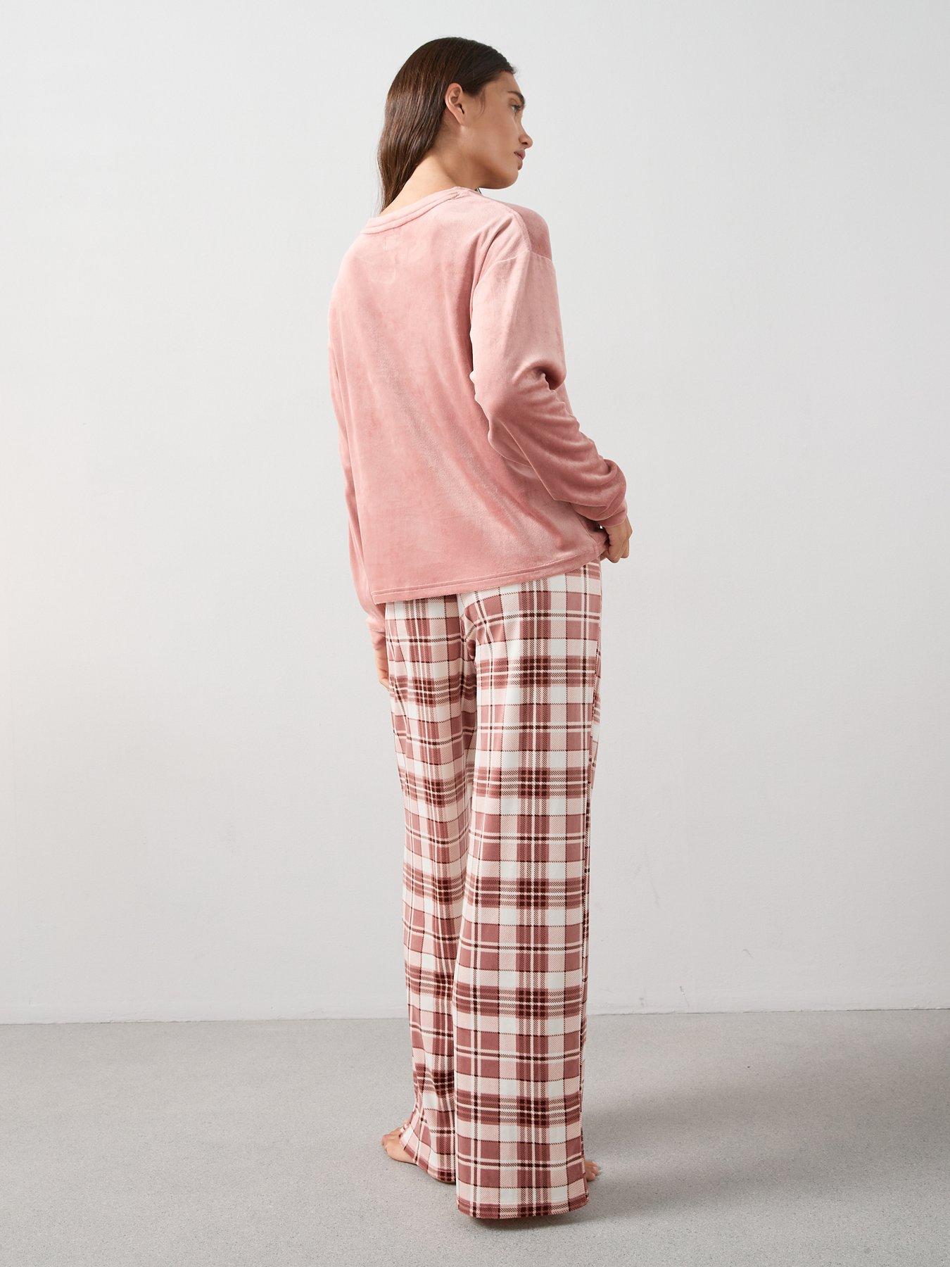 Image 2 of 6 of The Very Collection Slogan Sweat and Baby Fleece Check Bottom PJ Set - Pink
