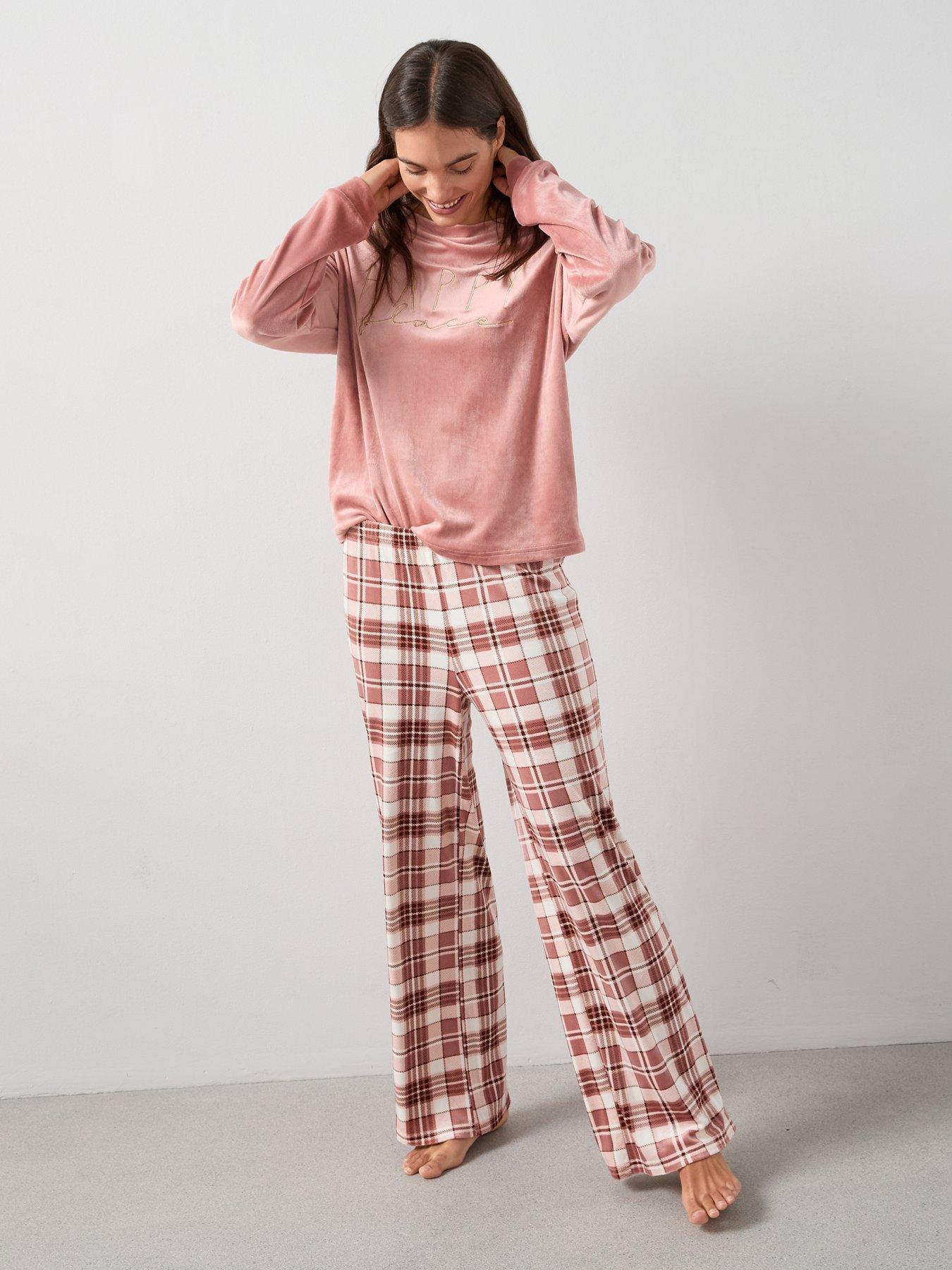 Image 3 of 6 of The Very Collection Slogan Sweat and Baby Fleece Check Bottom PJ Set - Pink