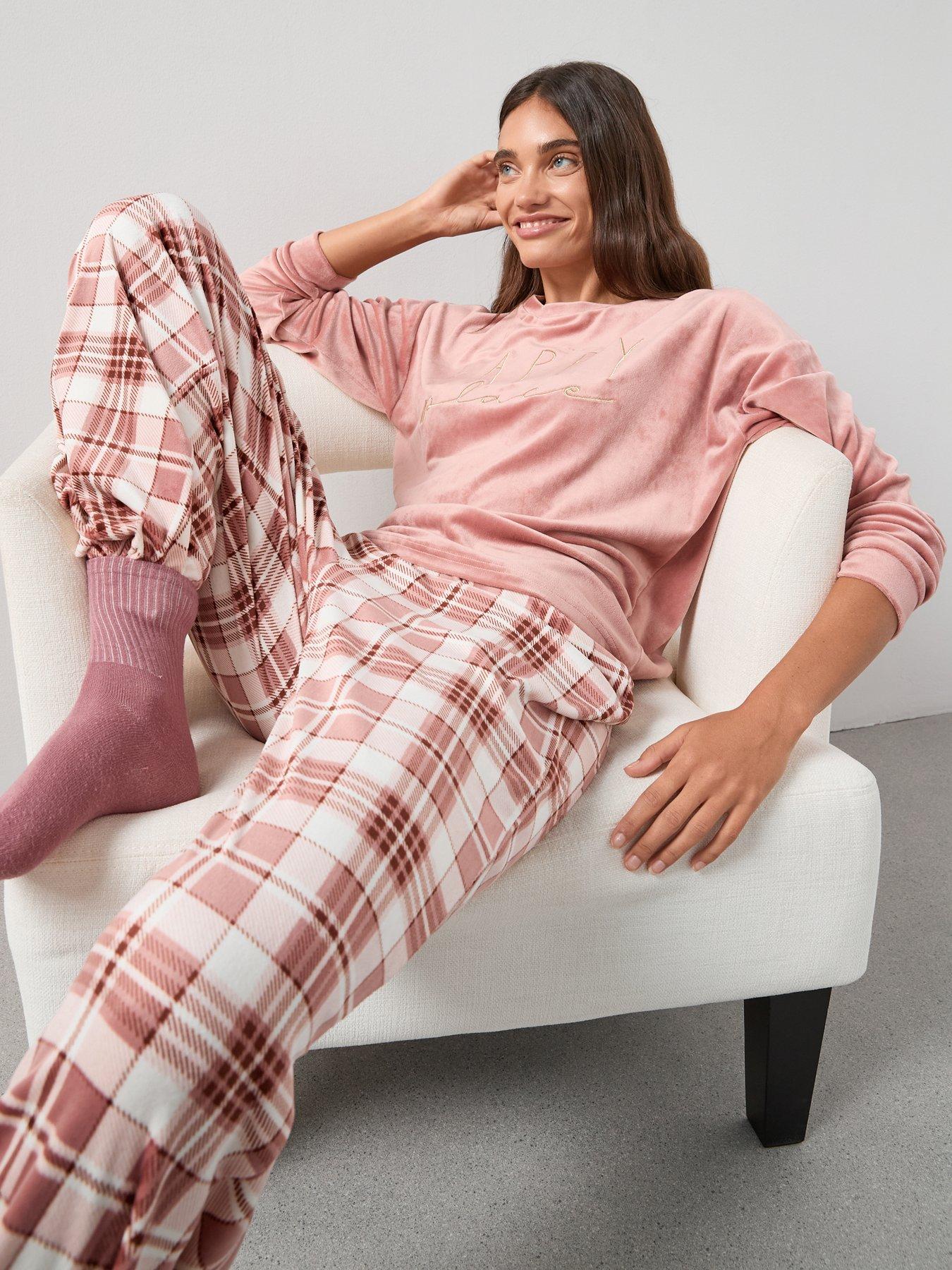 Image 5 of 6 of The Very Collection Slogan Sweat and Baby Fleece Check Bottom PJ Set - Pink
