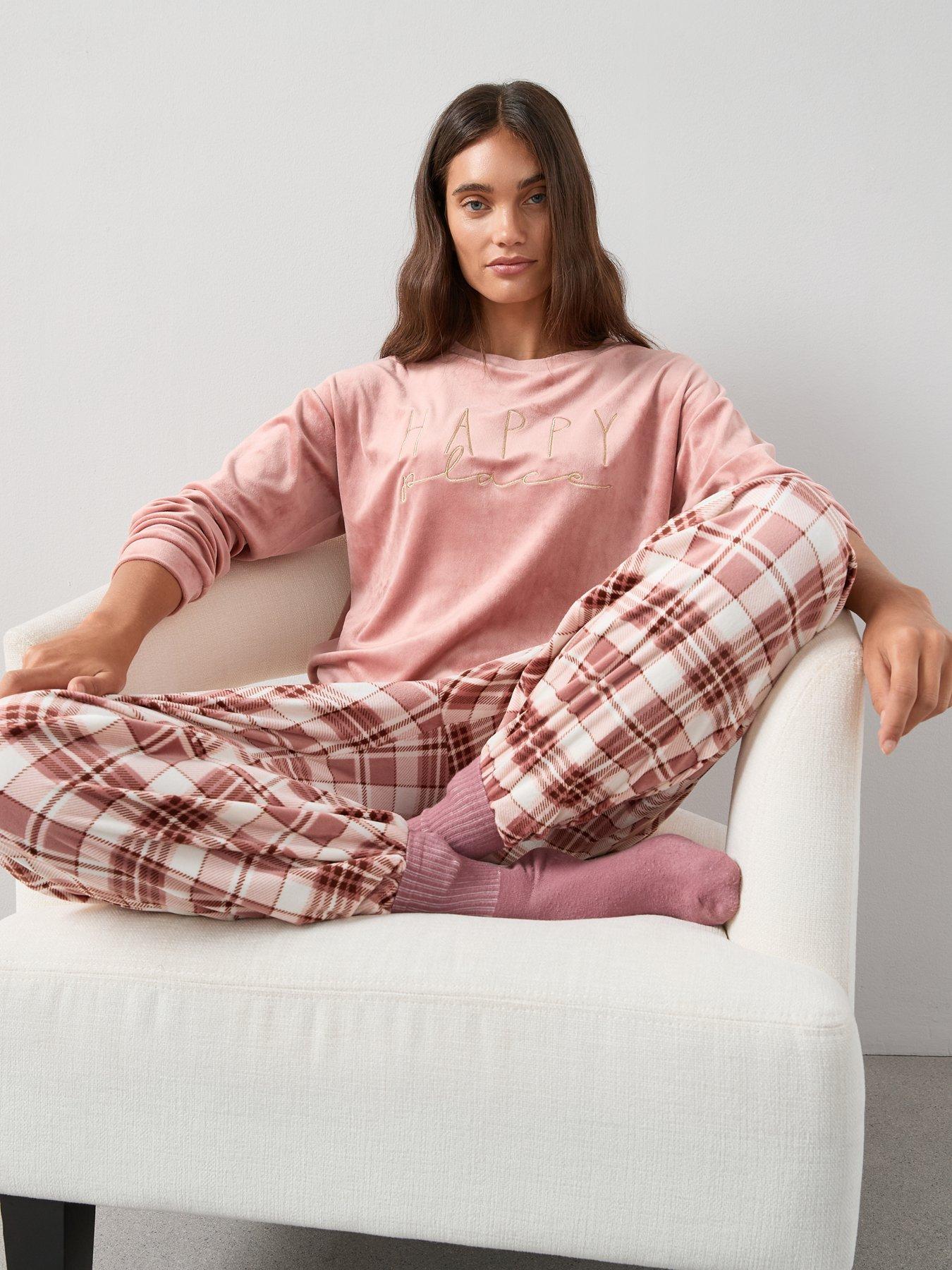 Image 6 of 6 of The Very Collection Slogan Sweat and Baby Fleece Check Bottom PJ Set - Pink