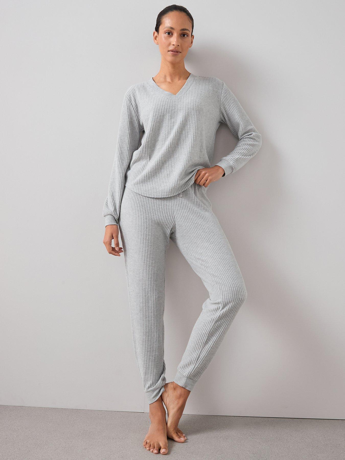 The Very Collection Sparkle V Neck Long Sleeve Top And Wide Leg Jogger PJ Set - Grey