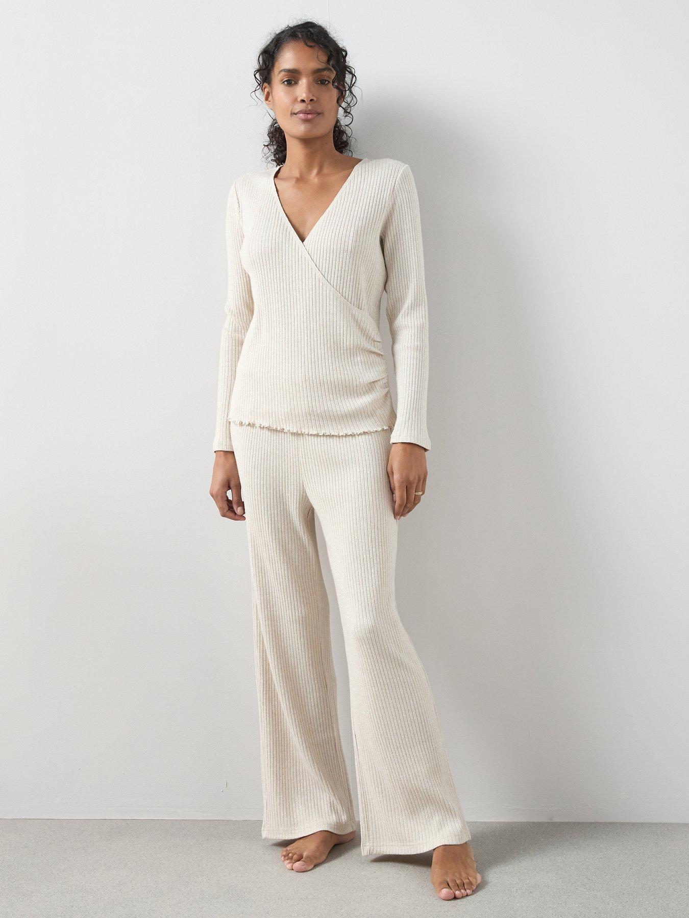 The Very Collection Lurex Wrap Long Sleeve Top And Wide Leg Loungewear Set - Beige