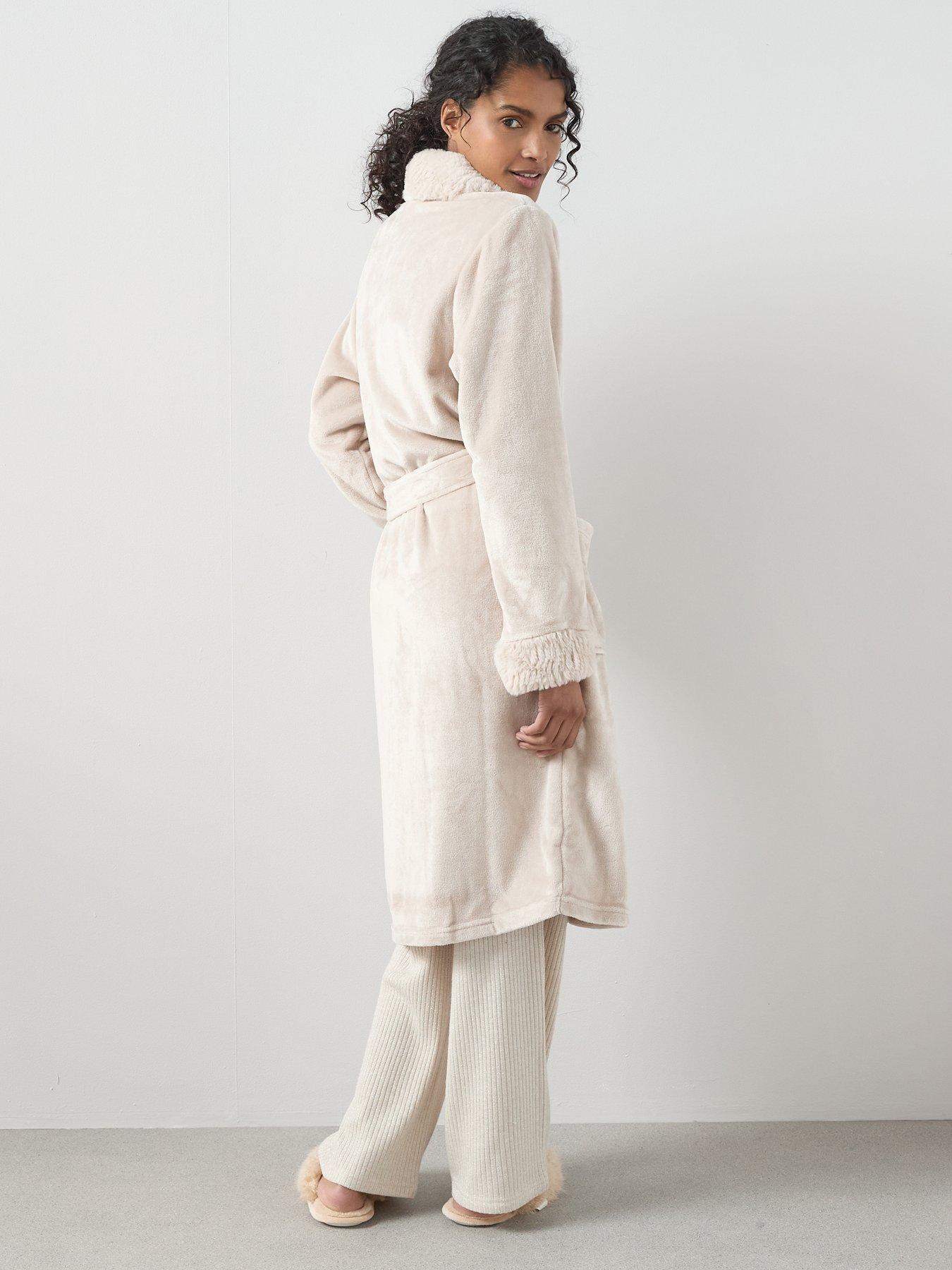 Image 2 of 6 of The Very Collection Faux Fur Trim Dressing Gown - Cream