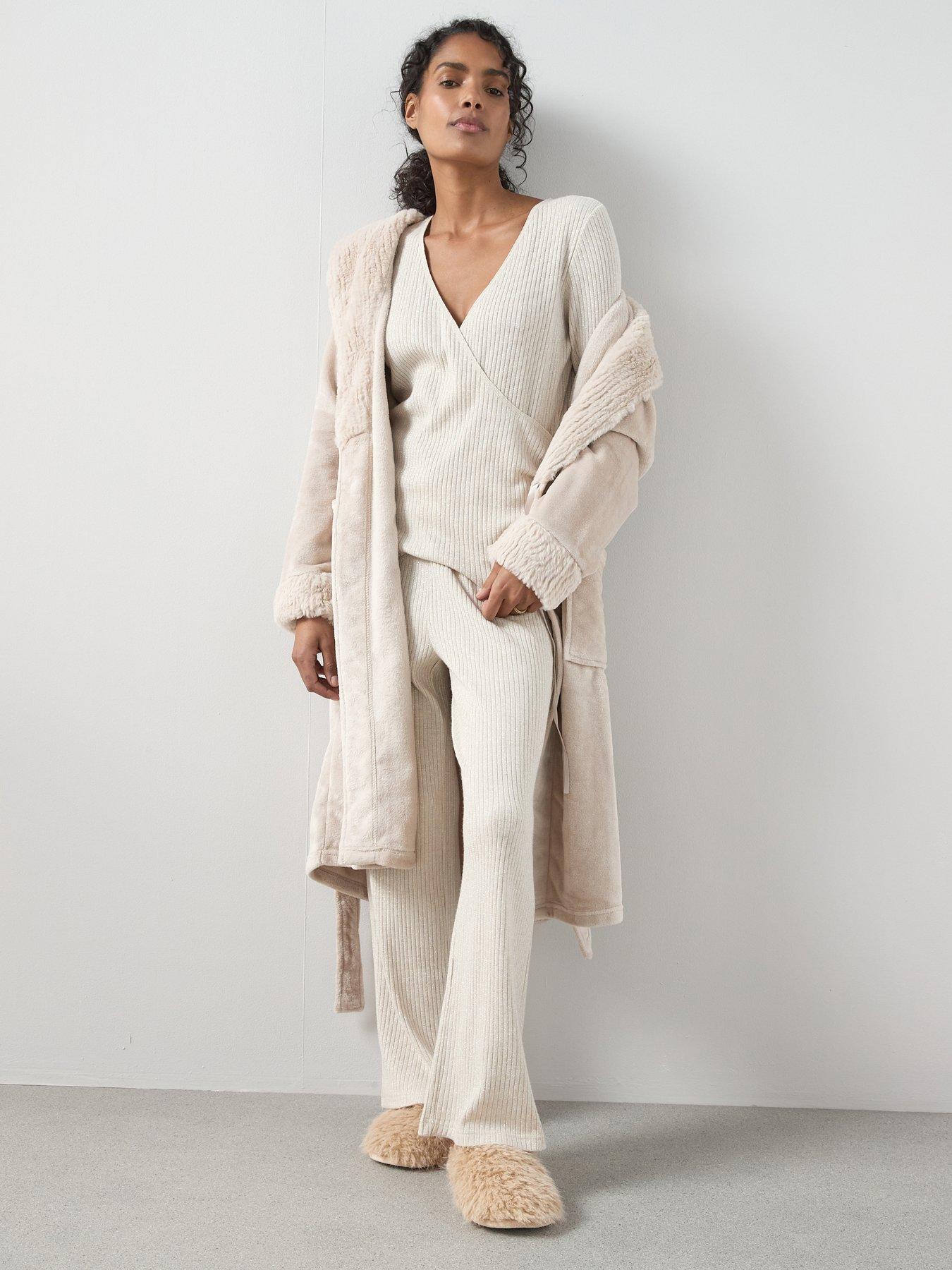 Image 3 of 6 of The Very Collection Faux Fur Trim Dressing Gown - Cream