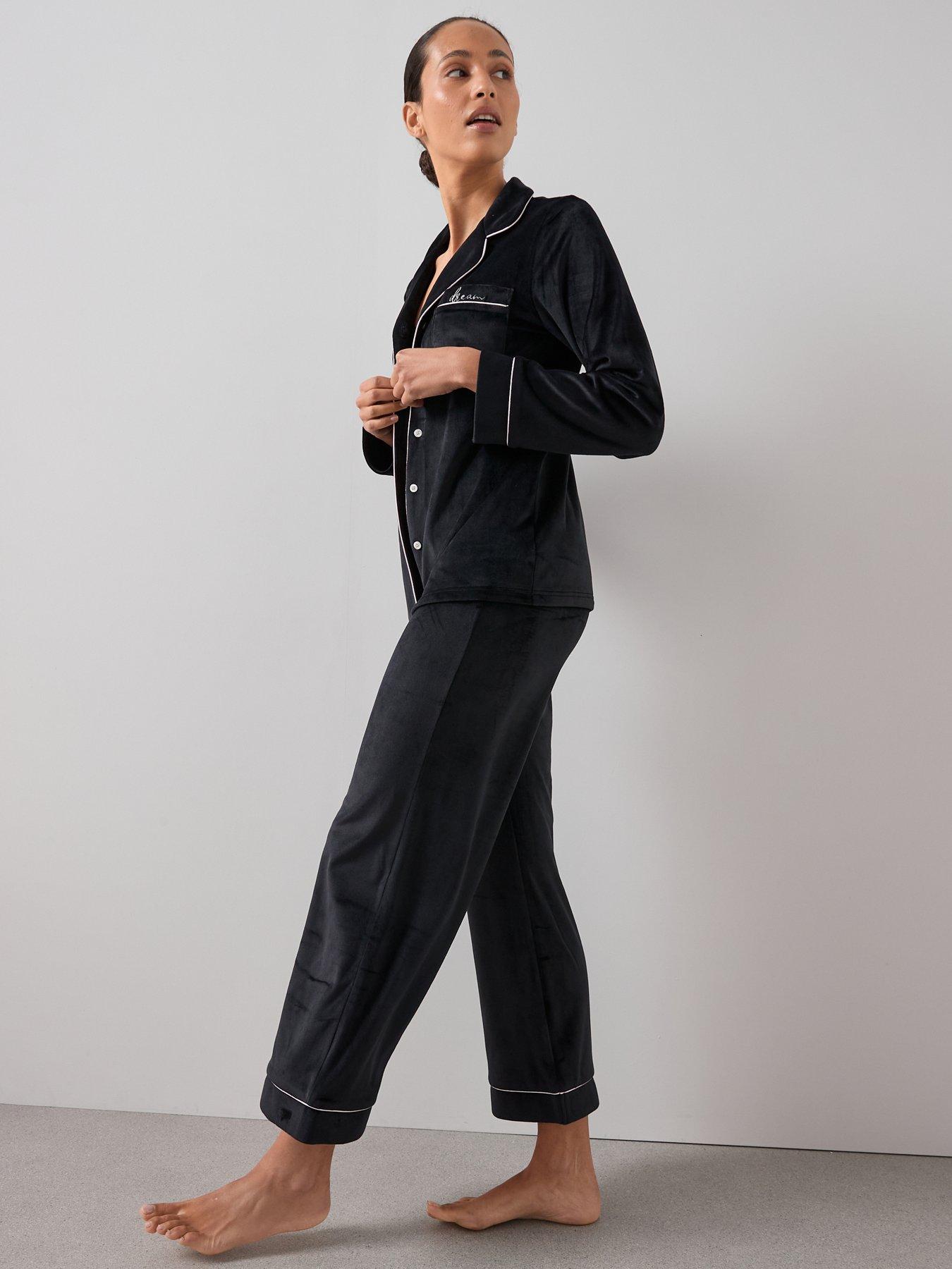  image of the-very-collection-embroided-fleece-contrast-piping-revere-pj-set-black