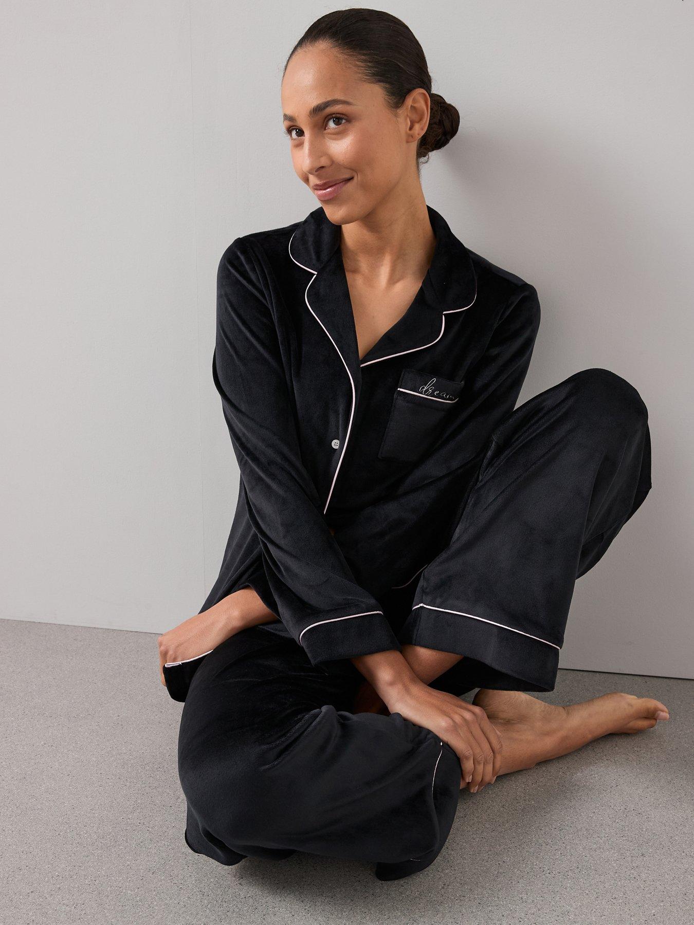  image of the-very-collection-embroided-fleece-contrast-piping-revere-pj-set-black