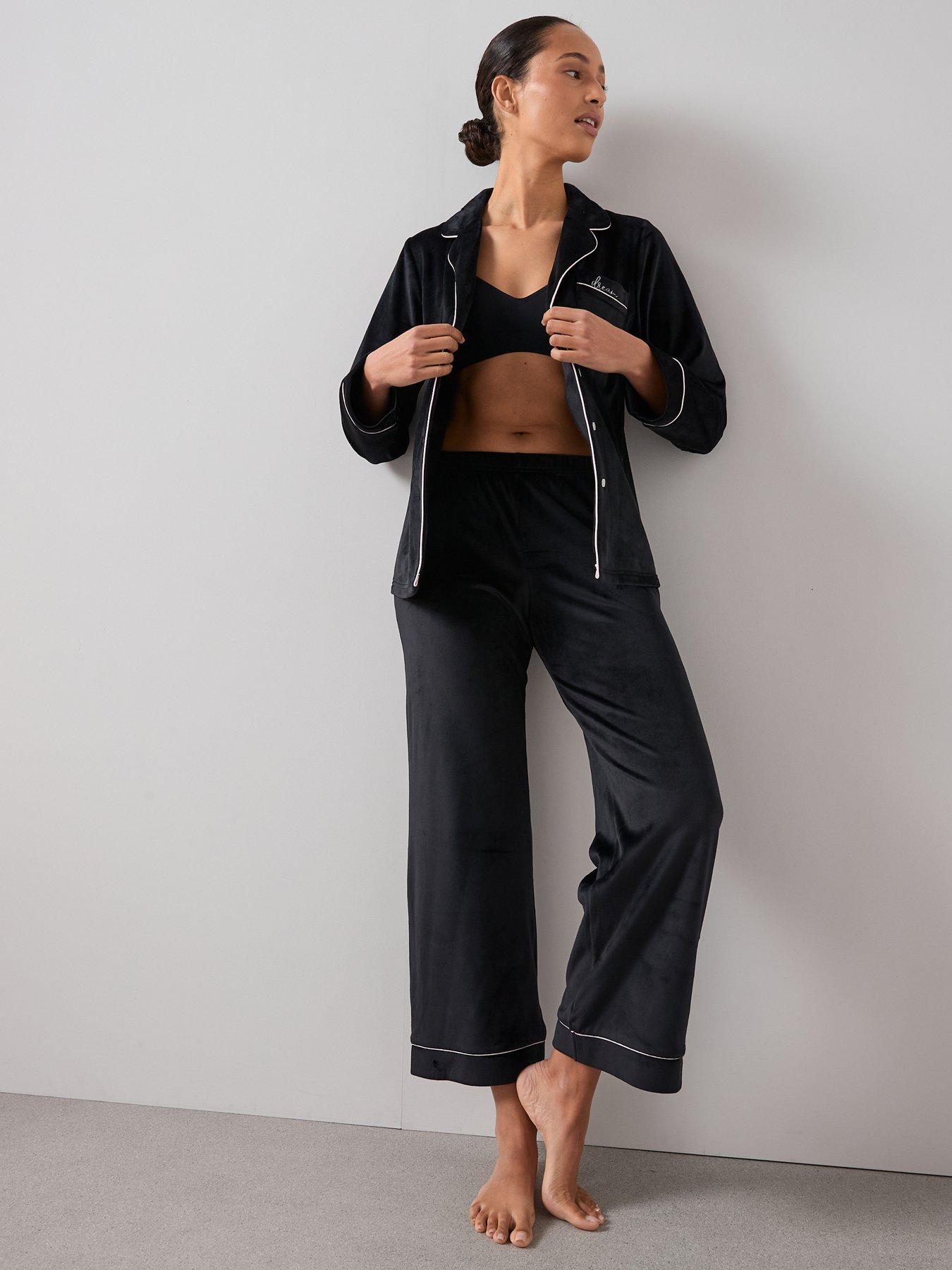  image of the-very-collection-embroided-fleece-contrast-piping-revere-pj-set-black