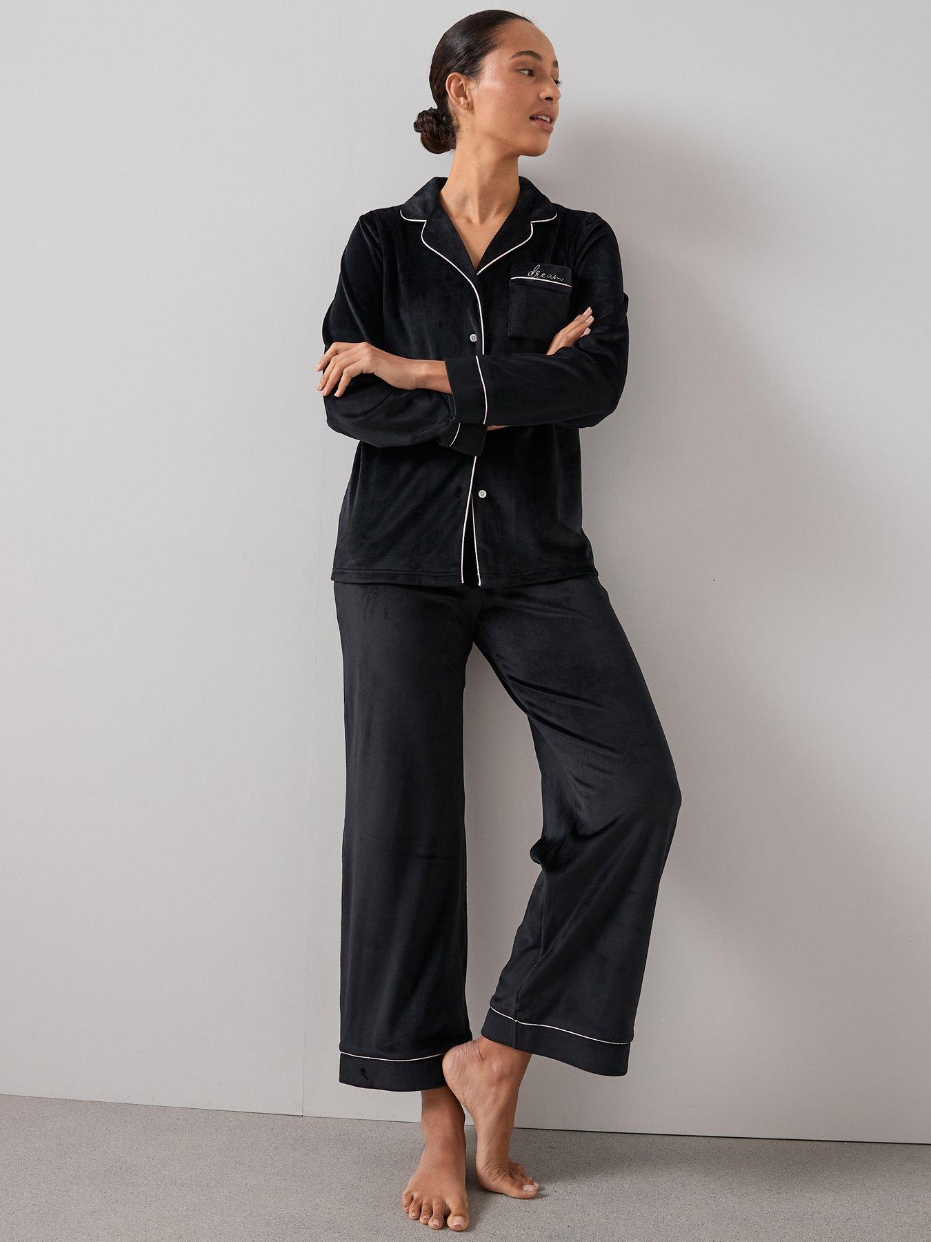  image of the-very-collection-embroided-fleece-contrast-piping-revere-pj-set-black