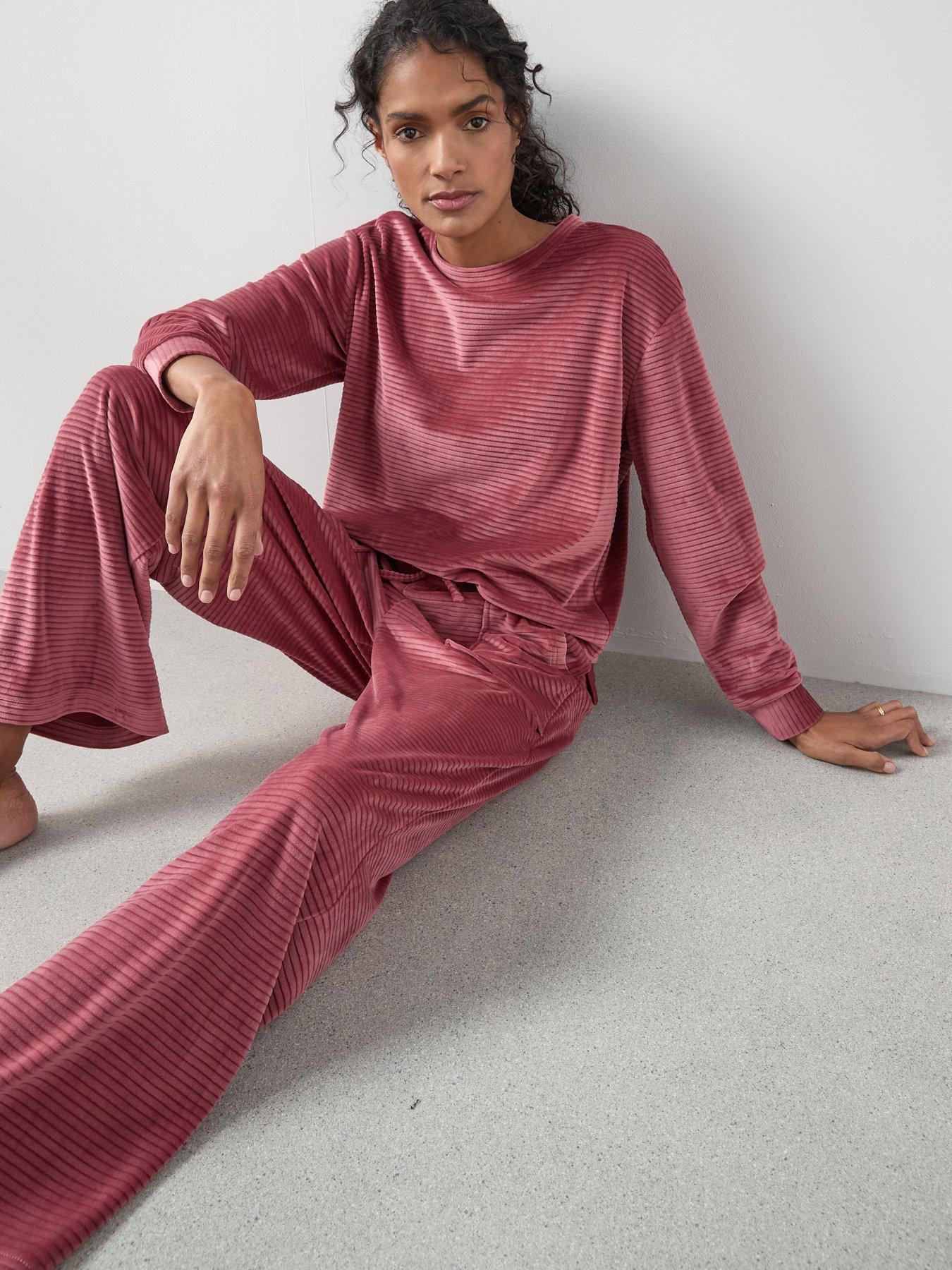 front image of the-very-collection-velour-long-sleeve-striped-pyjama-set-pink